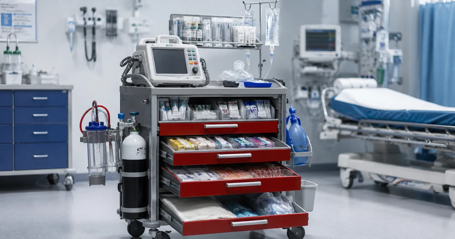 Hospital emergency crash cart stocked with life-saving equipment and medications for ICU and emergen