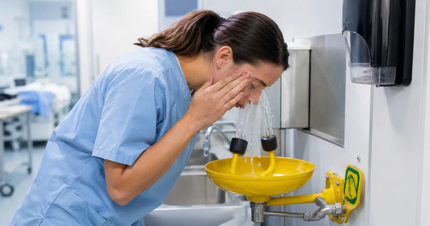 Emergency eye wash station installed in a clean hospital laboratory safety area