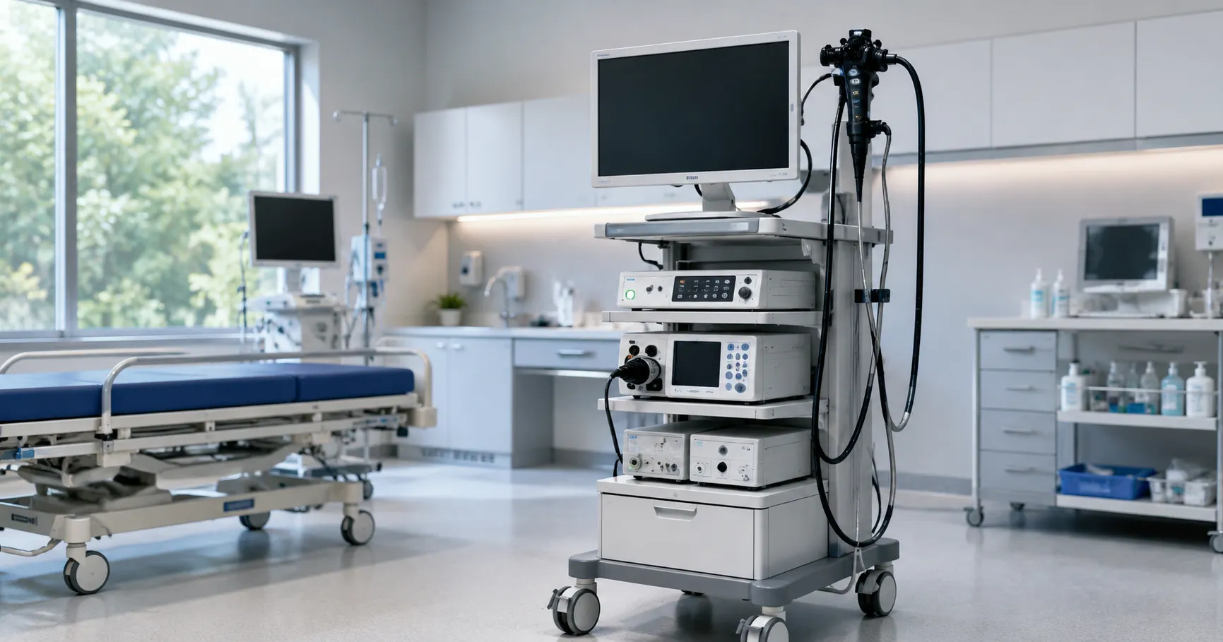 Mobile endoscopy trolley with monitor mount, shelves, drawers, and cable management in a clinic