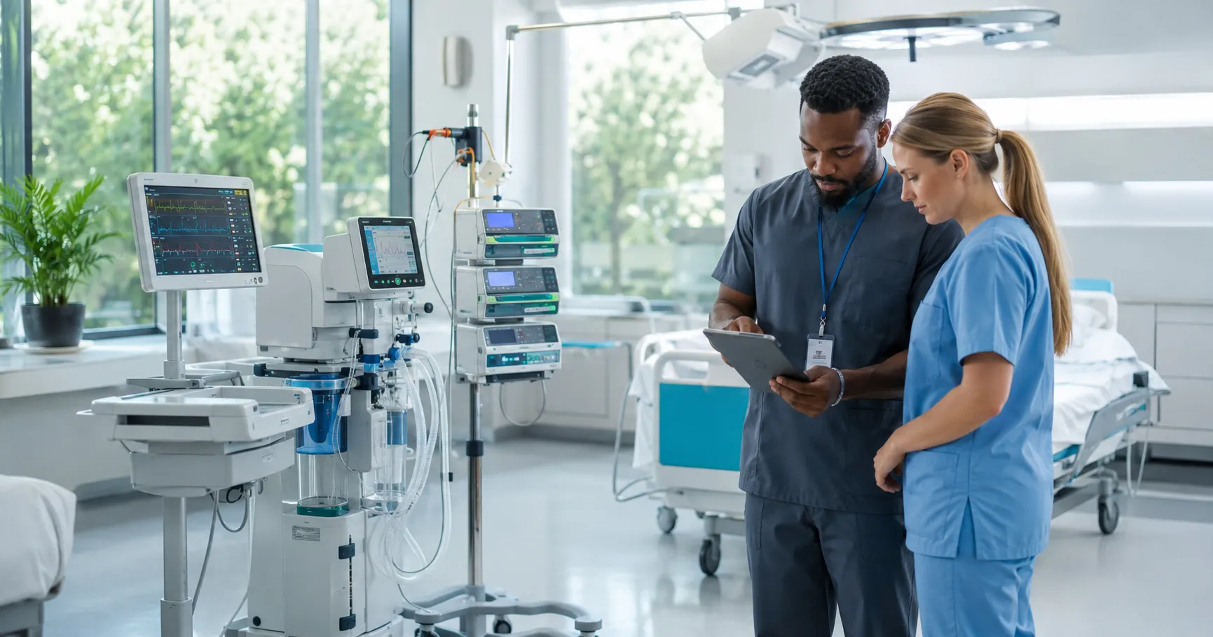 Hospital sustainability team reviewing energy efficient medical devices with smart monitors, low-pow