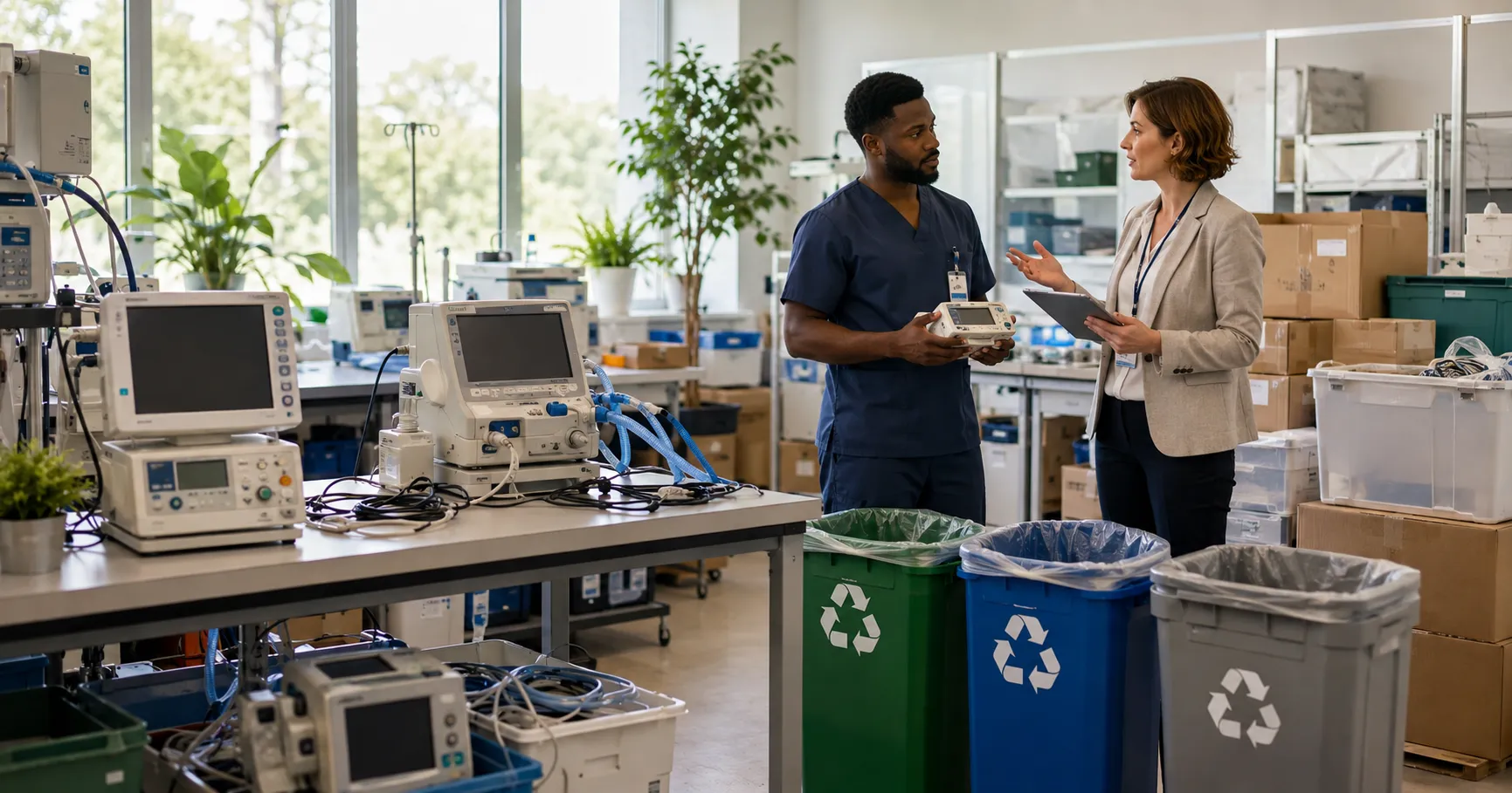 Healthcare sustainability team reviewing the environmental impact of medical equipment with hospital