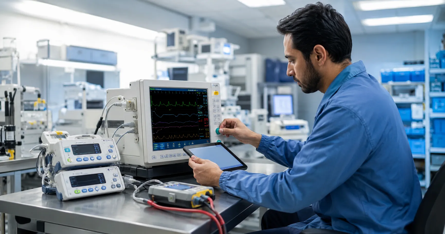 Biomedical engineer calibrating hospital medical equipment with measurement tools, device records, a