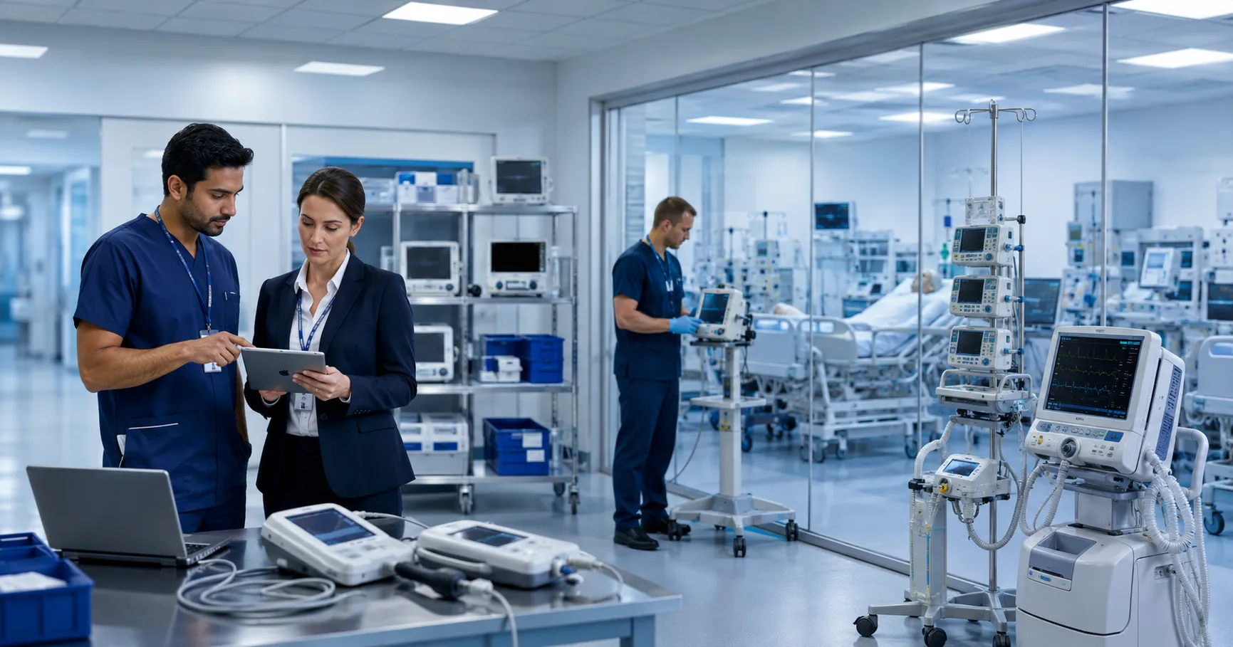 Biomedical engineering and procurement team managing hospital equipment lifecycle with asset records