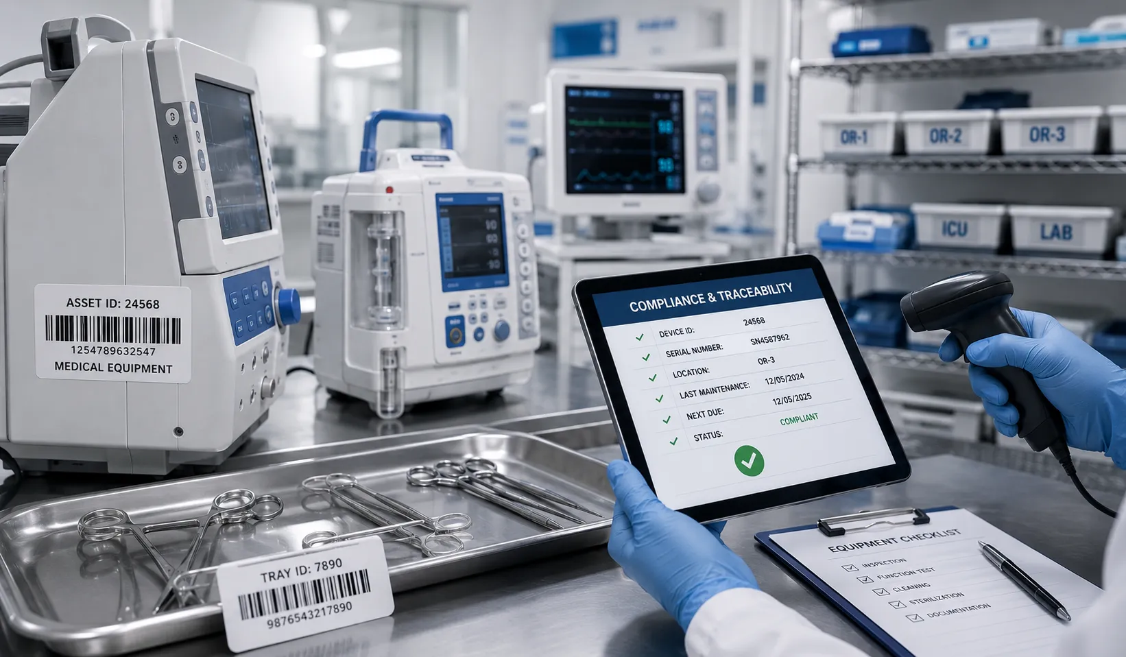 Medical equipment asset tracking with barcode labels, RFID technology, digital inventory management,