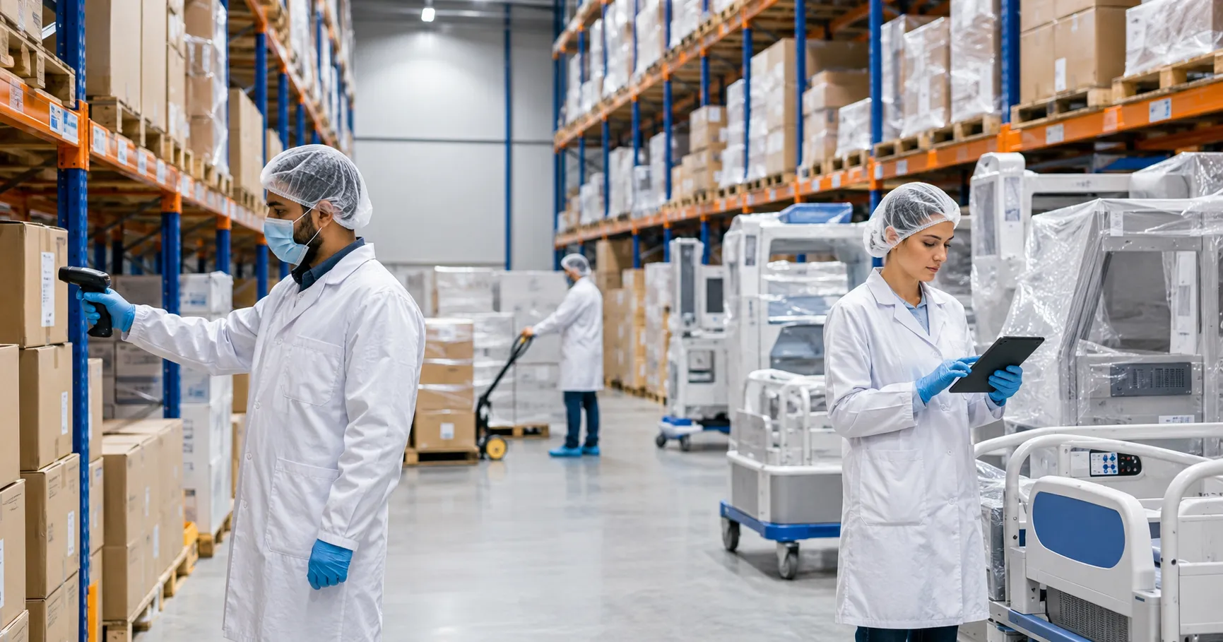 Modern medical equipment warehouse with organized storage racks, inventory management systems, barco