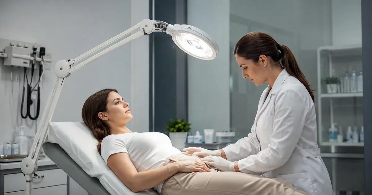 Examination lamp in a clinical setting providing focused illumination for patient examination and mi