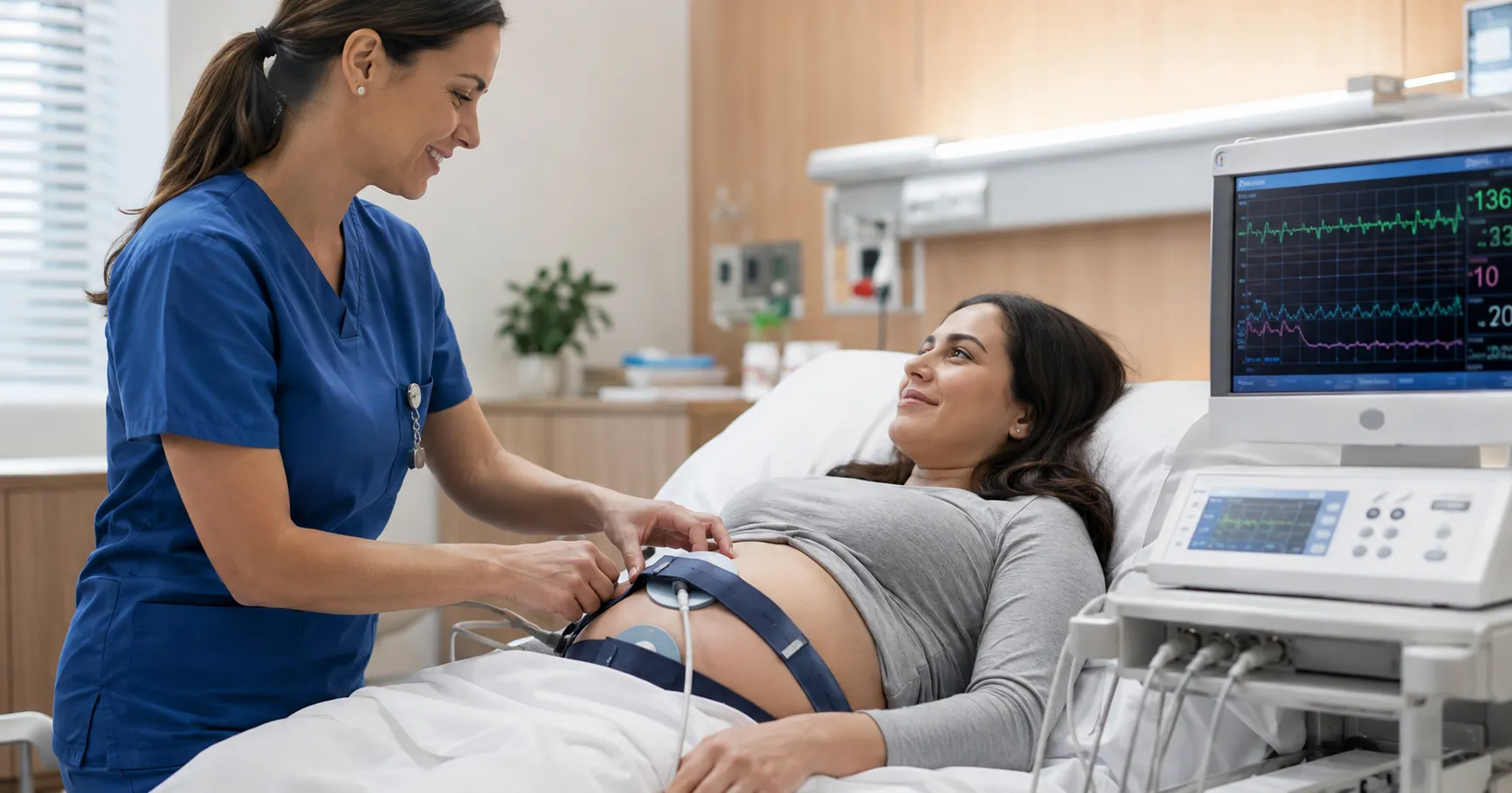 Fetal monitor device in hospital maternity care unit.