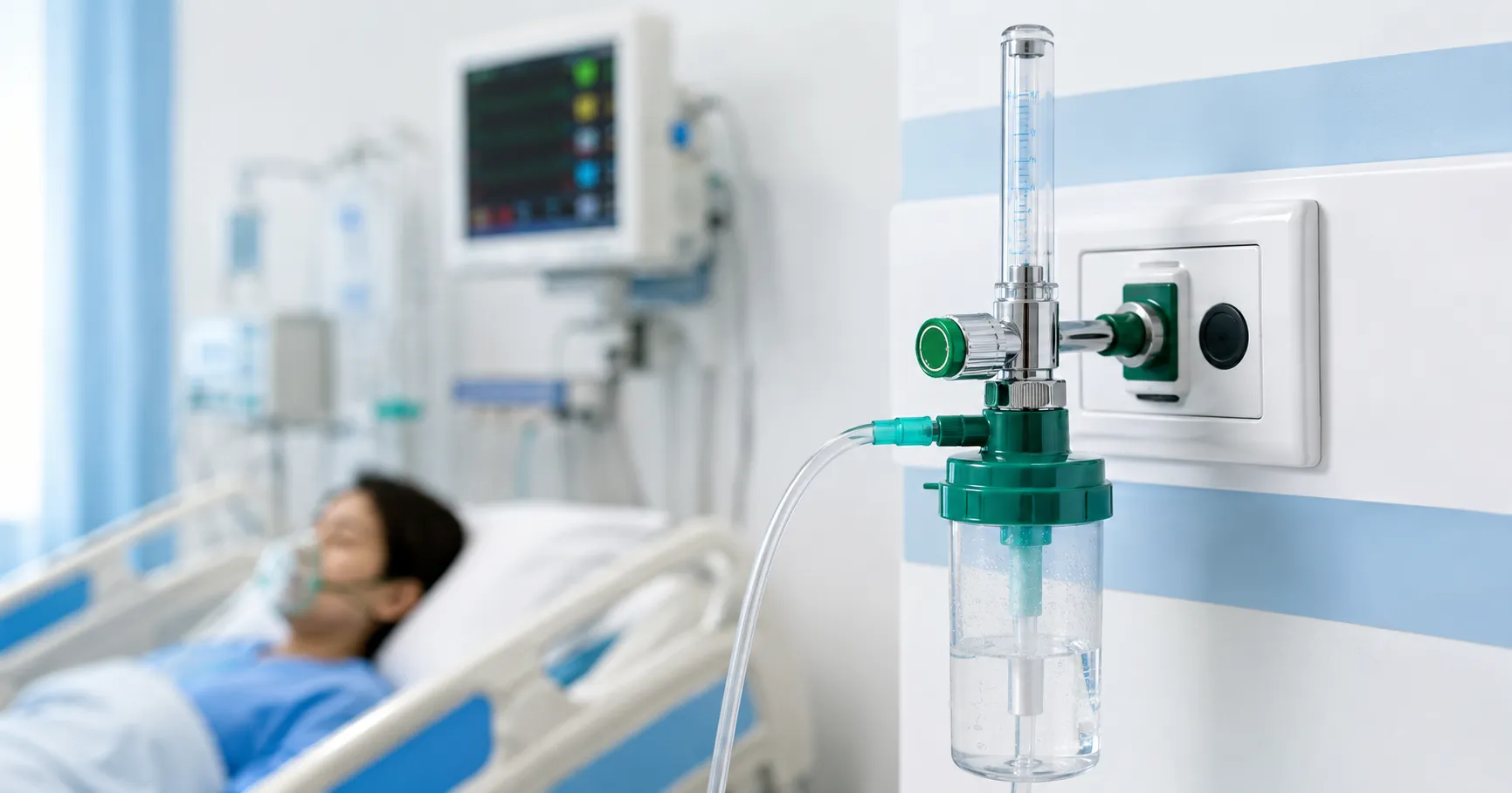 Medical oxygen flowmeter connected to a hospital oxygen outlet with a humidifier bottle