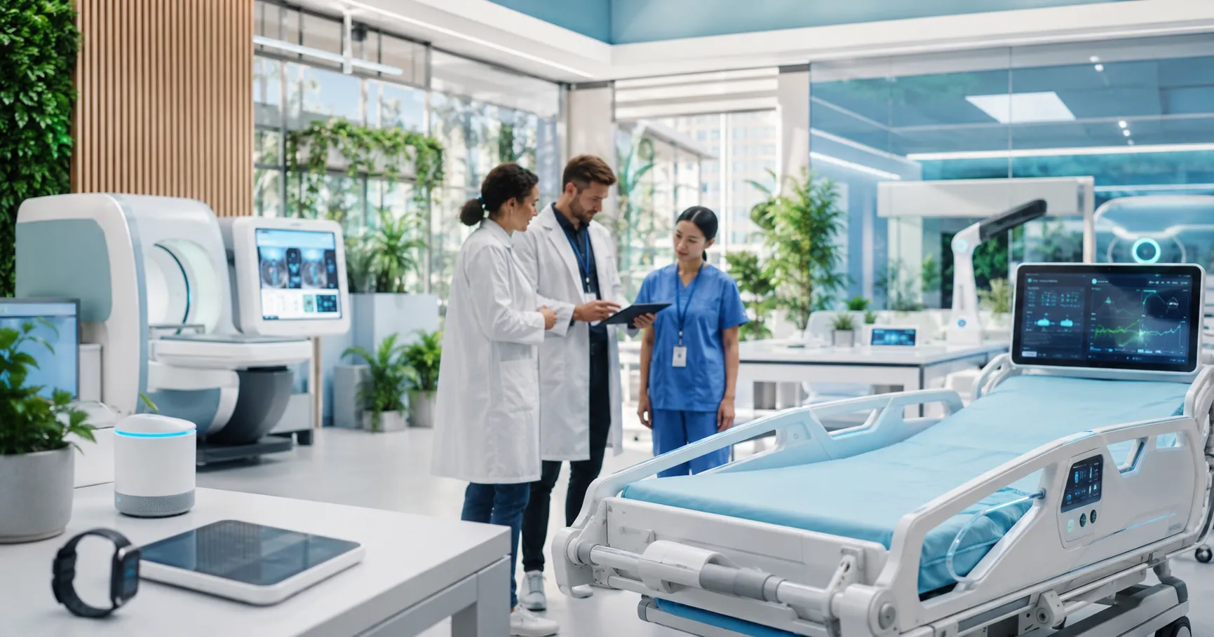Healthcare innovation team reviewing sustainable medical technology with eco-friendly hospital devic