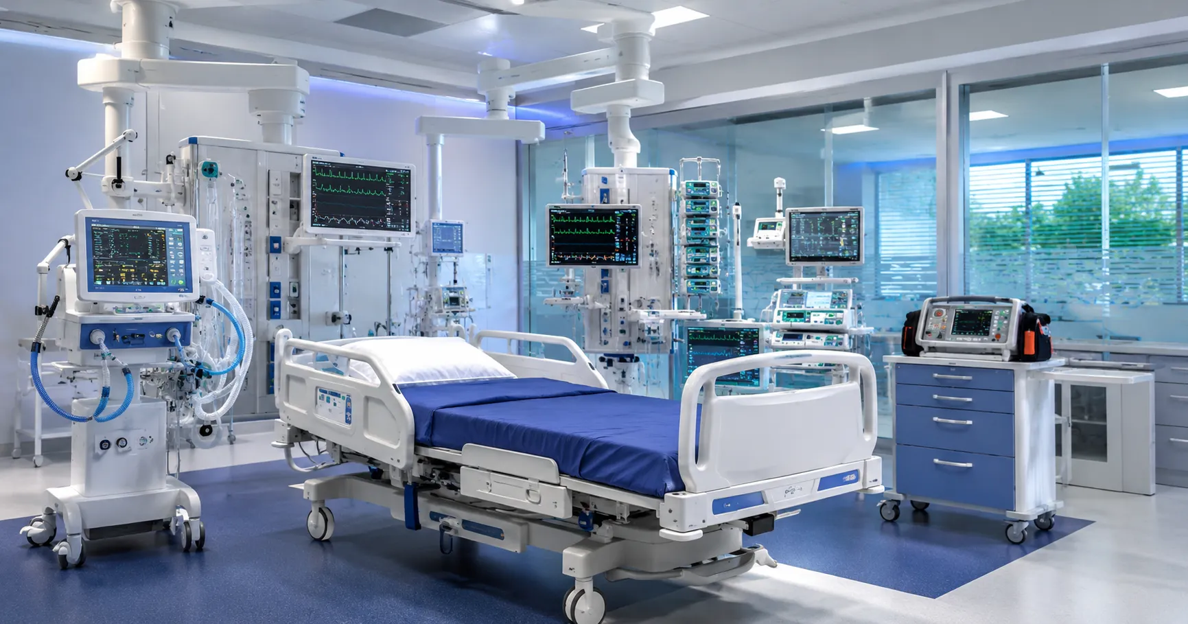 Critical care team using future-ready ICU equipment with patient monitors, ventilators, infusion pum