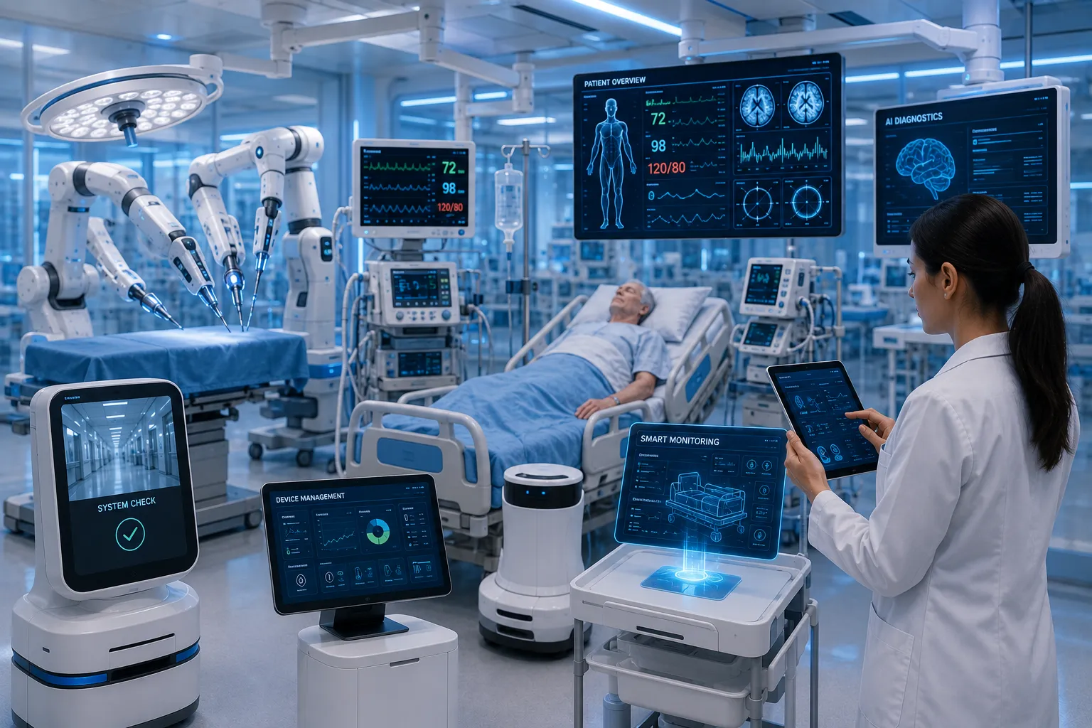 Healthcare innovation team reviewing future technologies reshaping medical equipment with smart devi