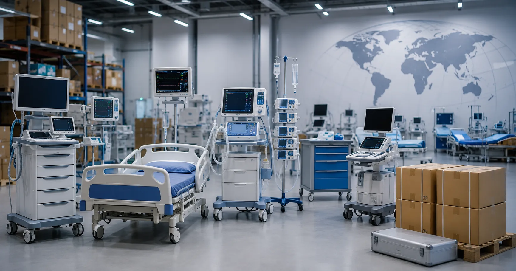 Healthcare procurement team reviewing global medical equipment sourcing documents, supplier checks, 