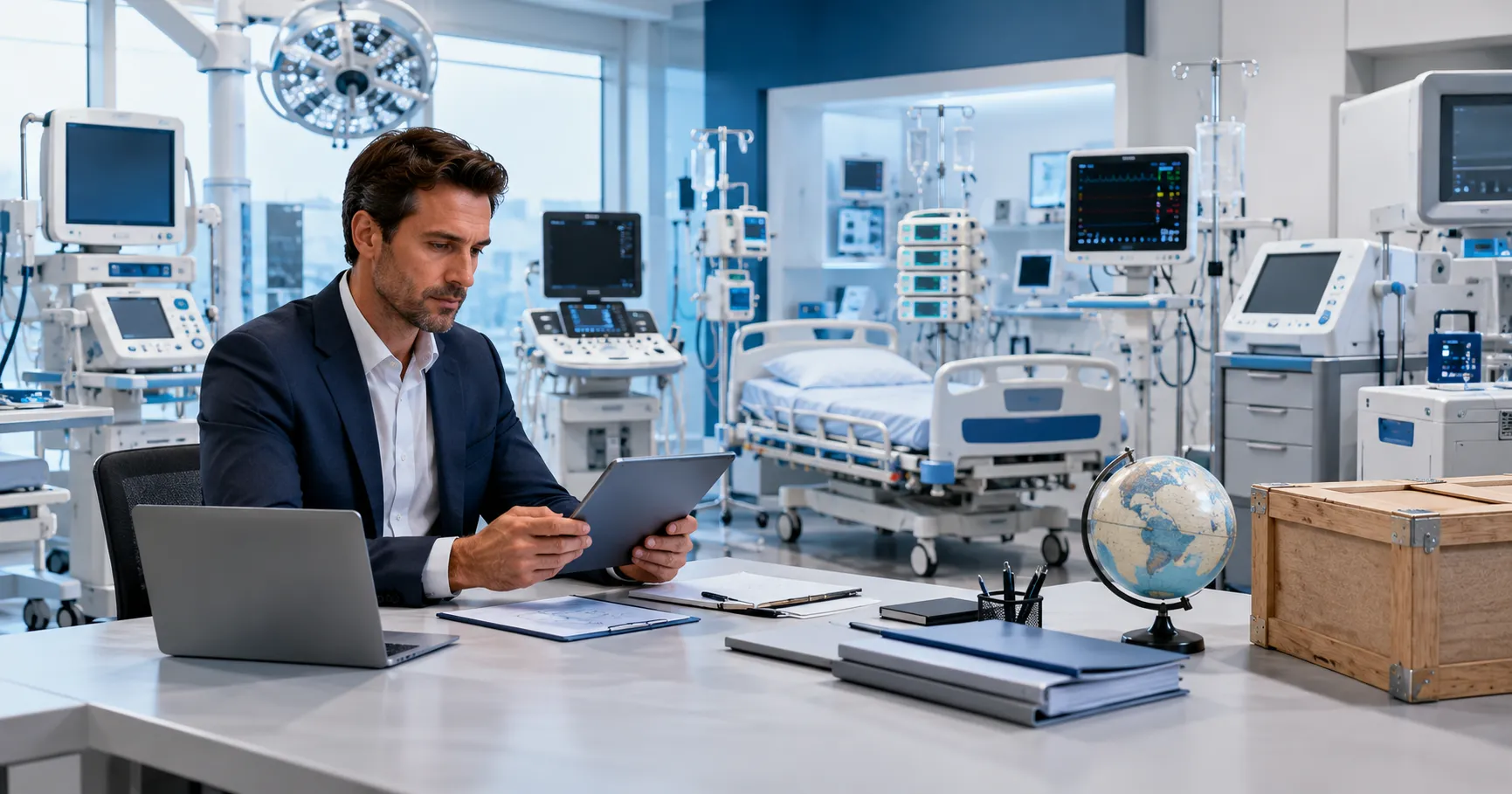 Global medical equipment sourcing team reviewing hospital supplier documents