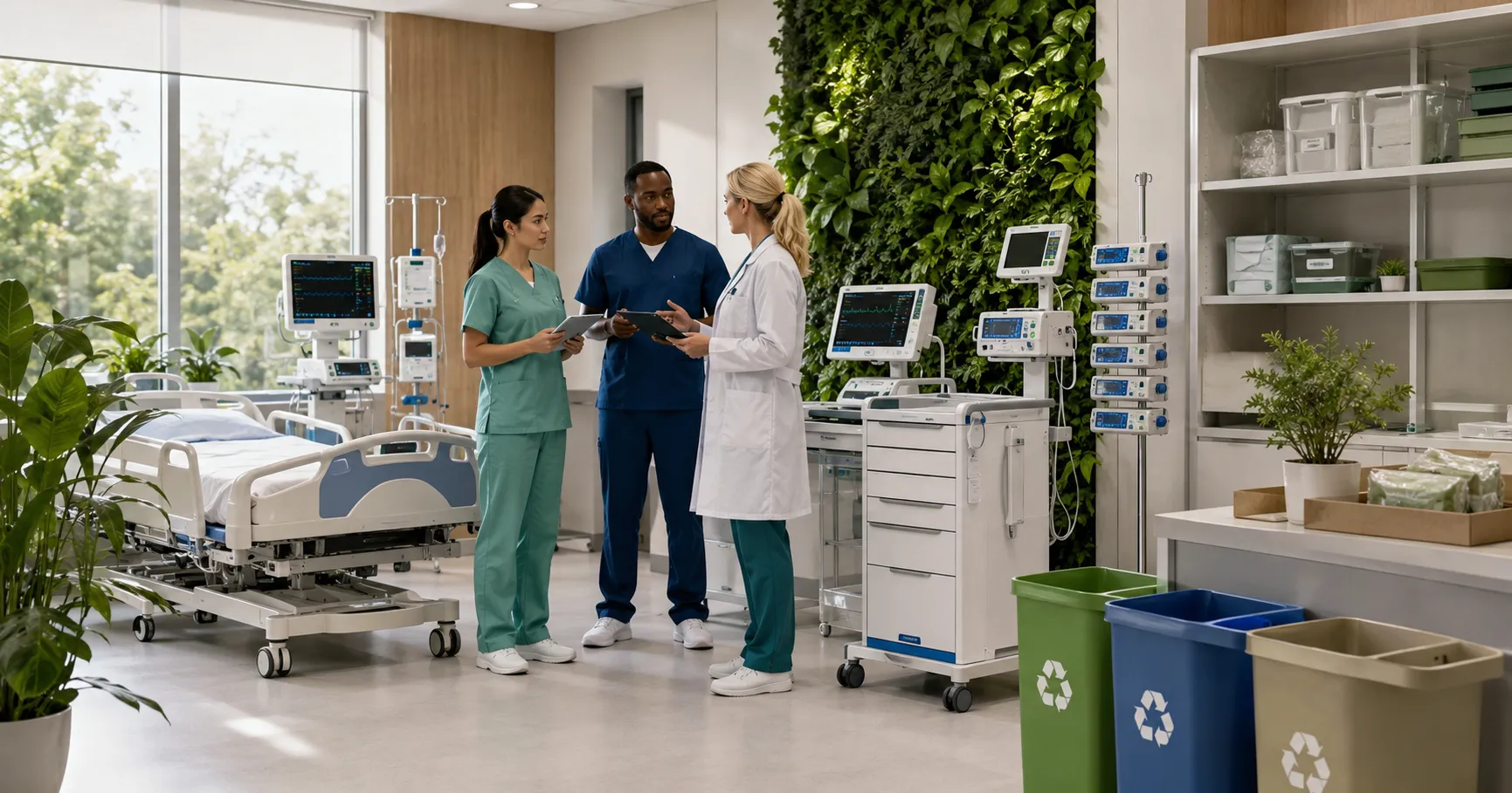 Healthcare sustainability team planning green hospital equipment initiatives with energy-efficient d