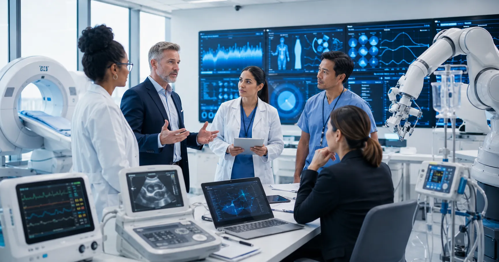 Modern healthcare team reviewing future medical equipment trends with smart devices, connected syste