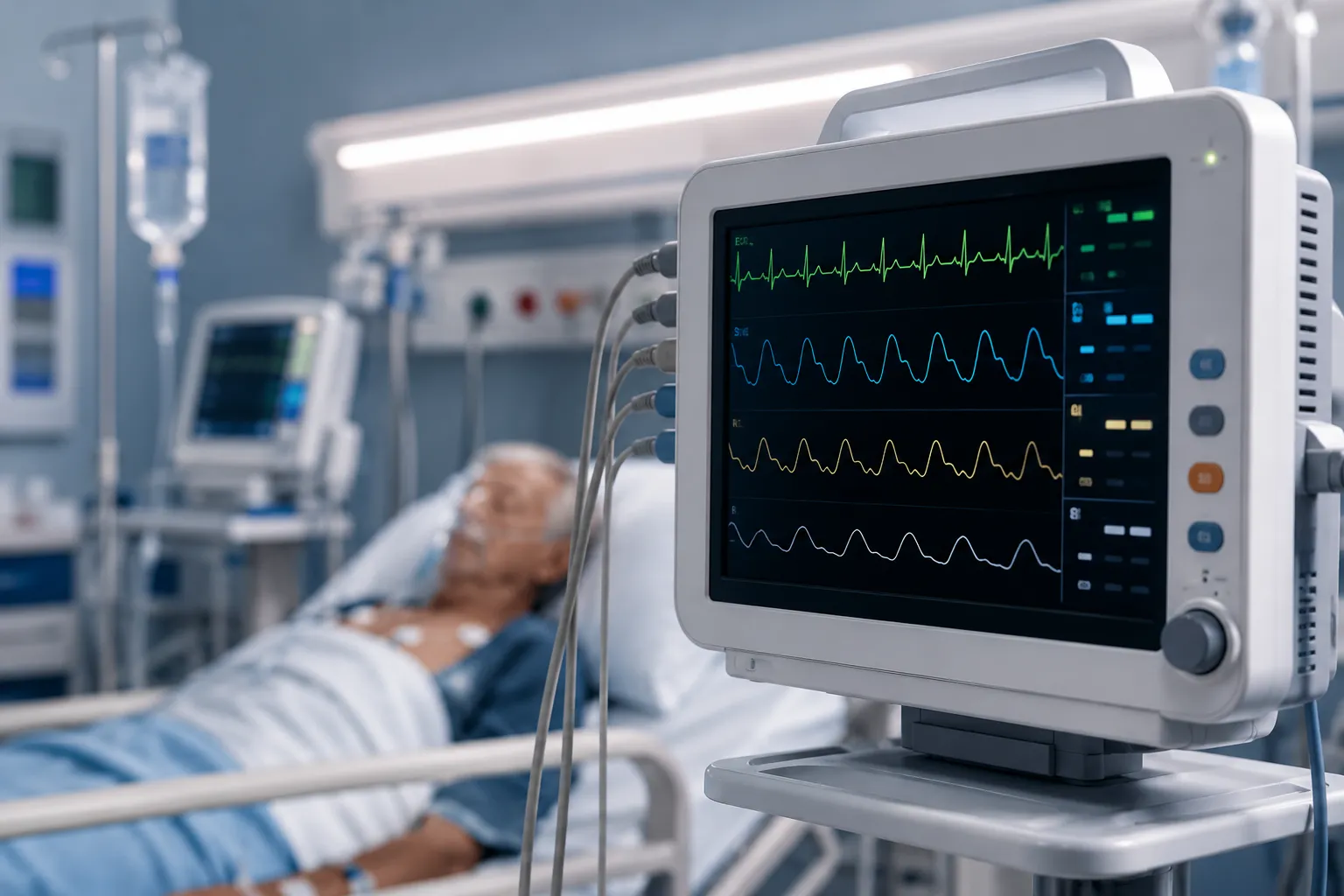 A heart monitor displaying a live electrocardiogram trace on screen while a patient sits with chest 