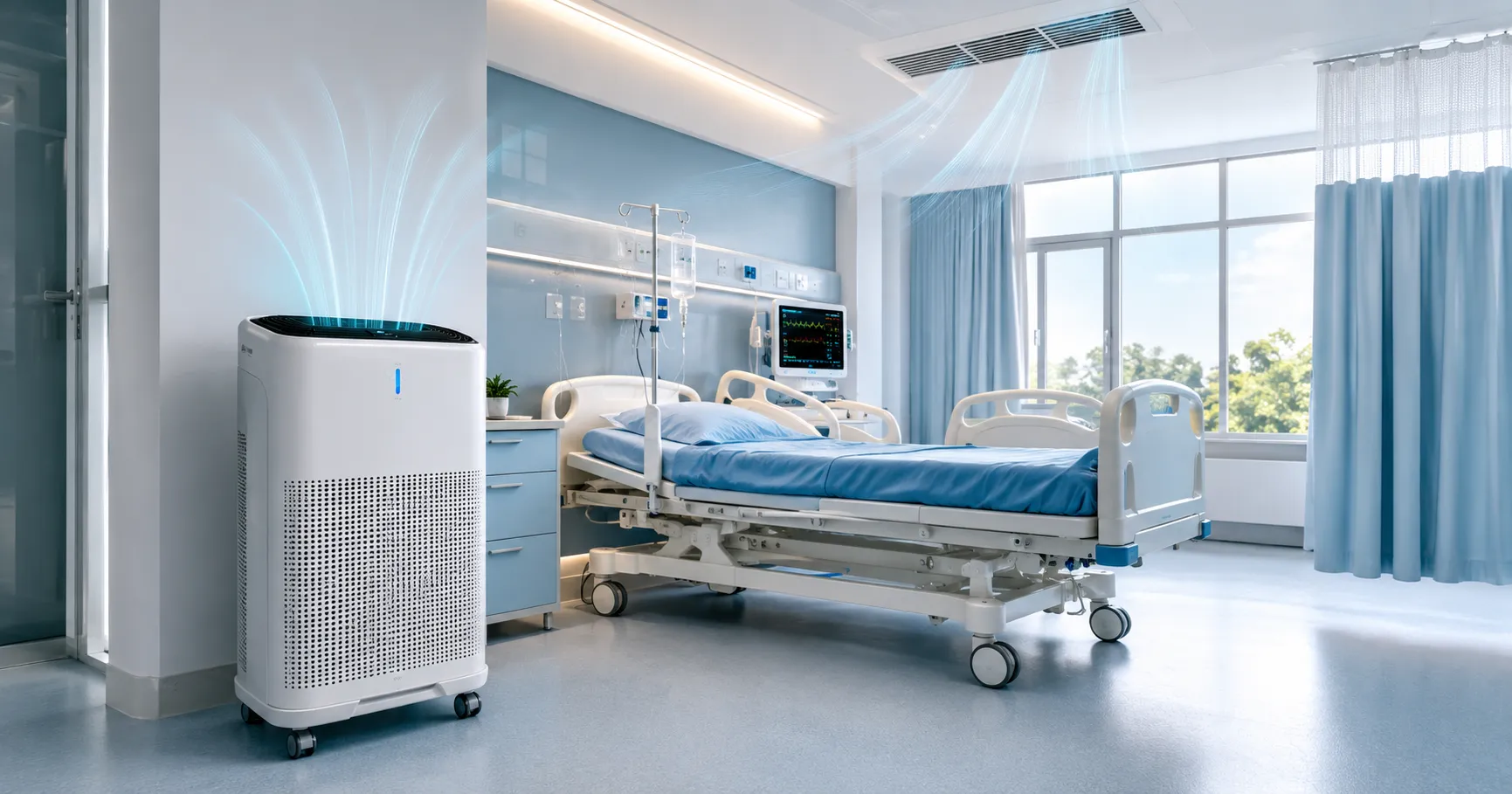 Hospital air purification system with HEPA filtration in a clean patient care area