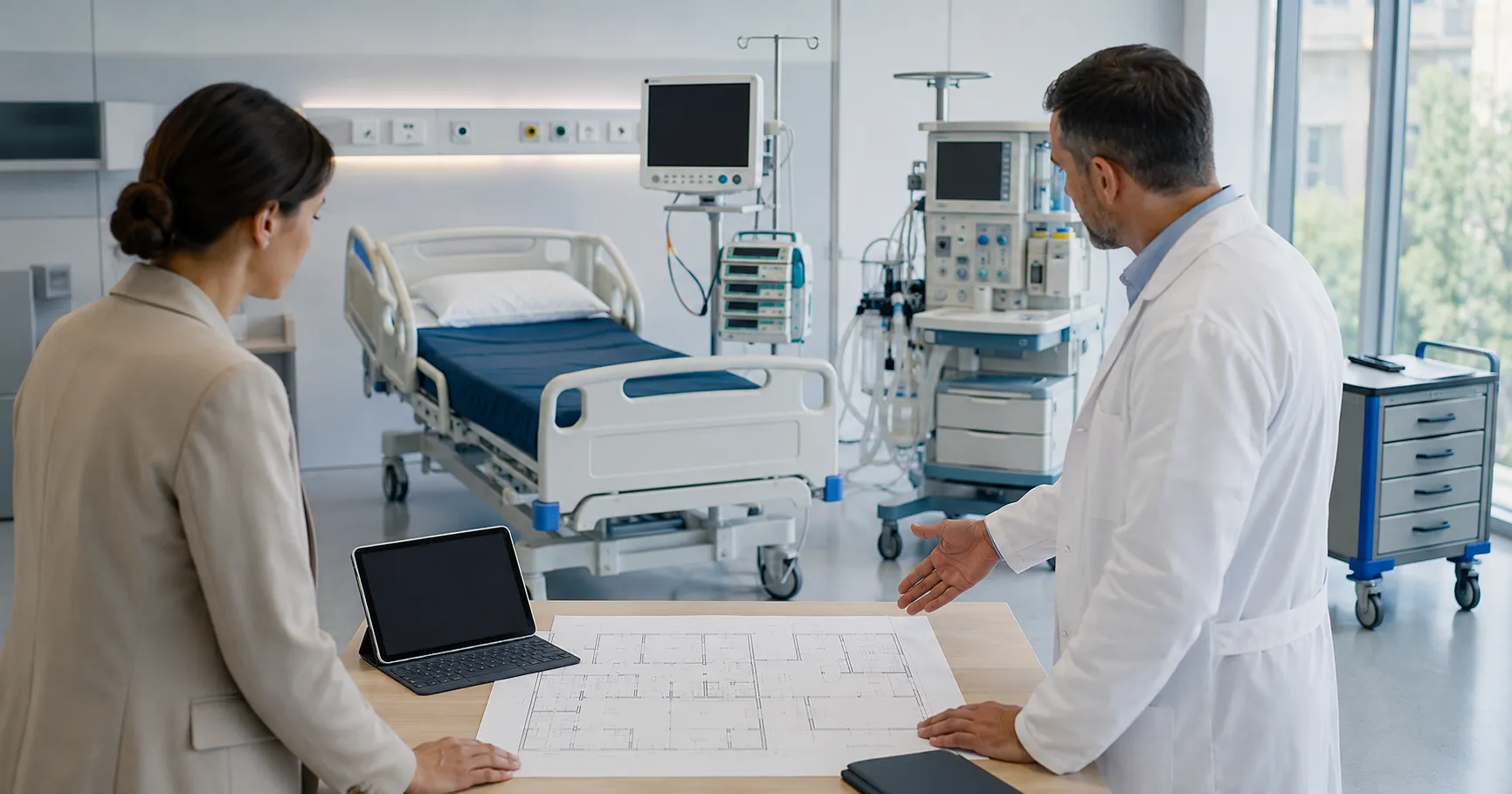 Hospital equipment planning team reviewing medical project layouts and procurement documents