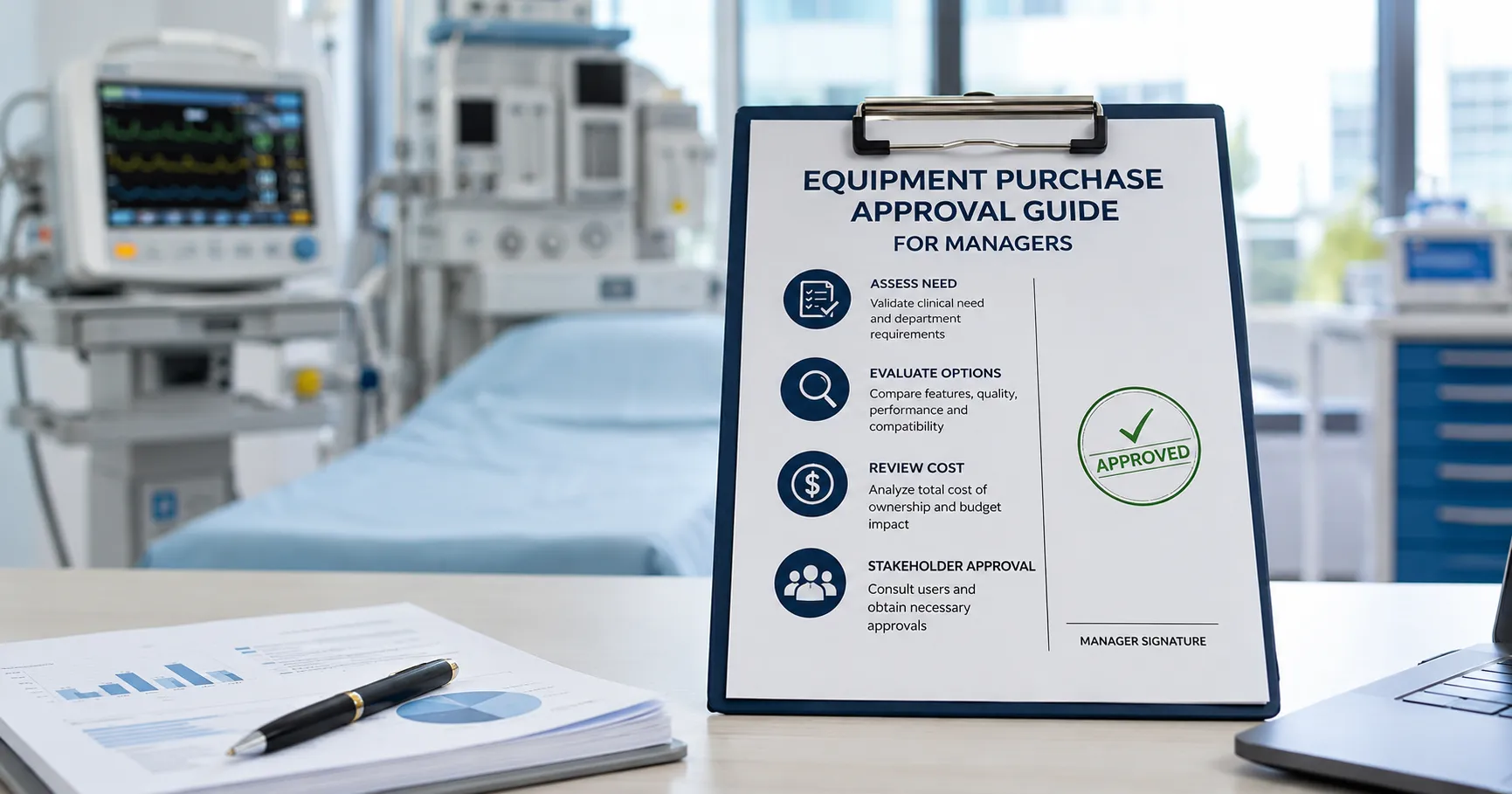 Hospital equipment purchase approval review by healthcare managers