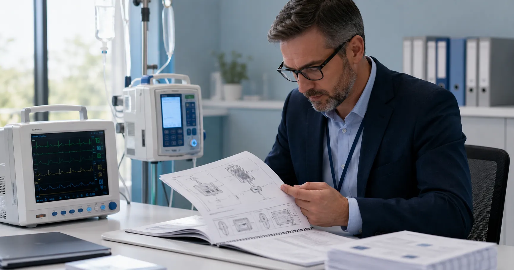 Hospital equipment buyer reviewing a medical device user manual