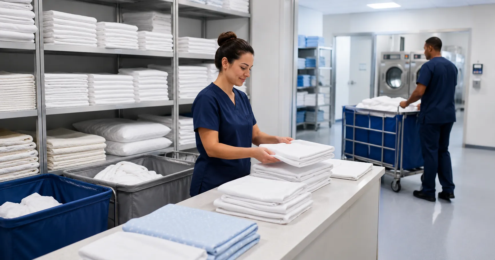 Hospital linen management system with clean storage shelves and covered laundry trolleys