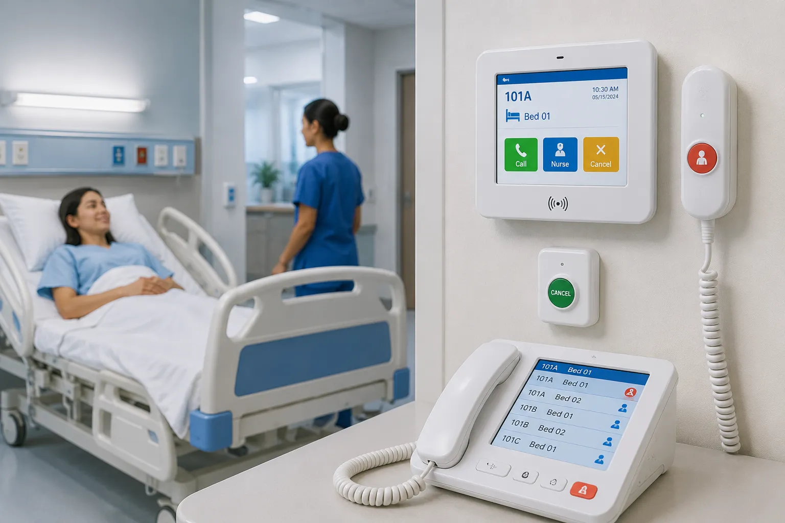 Modern hospital nurse call system with patient bedside buttons and central monitoring panel enabling