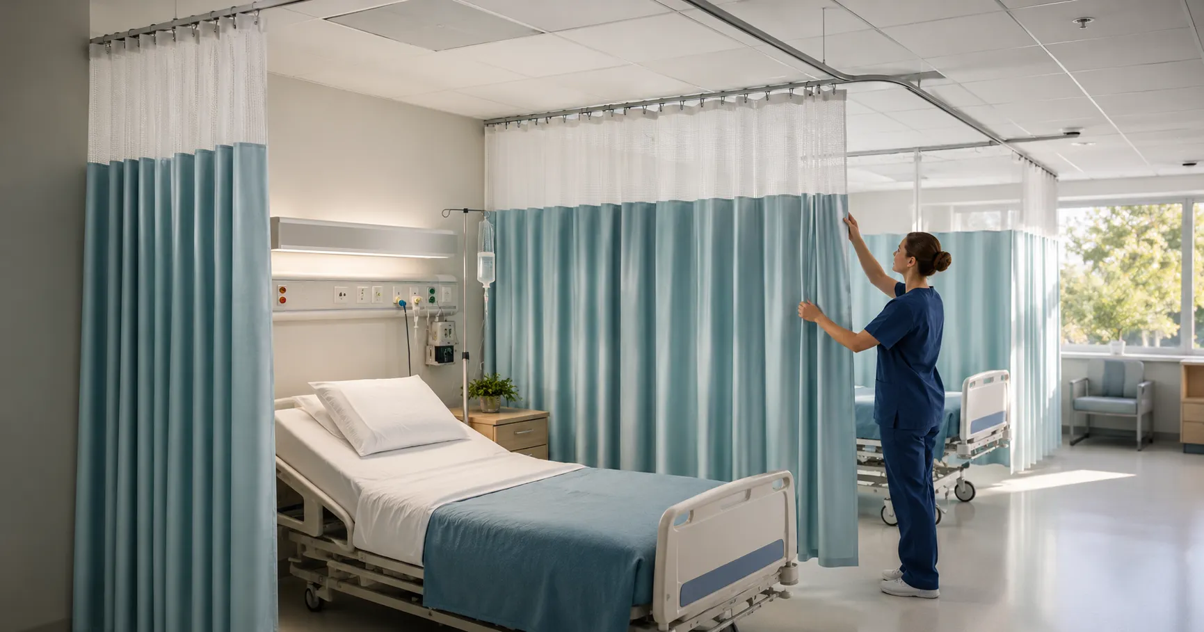 Hospital privacy curtains around patient care bays in a clean clinical ward