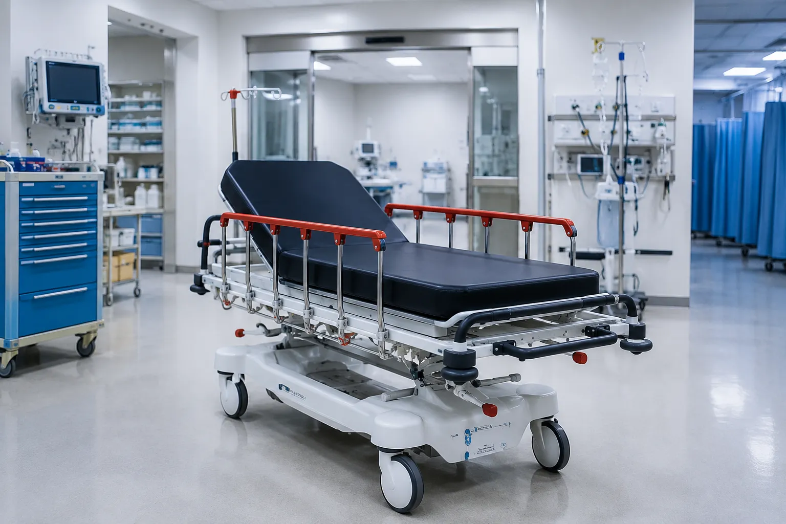 Modern hospital stretchers in a healthcare setting showing adjustable frames, wheels, and safety rai