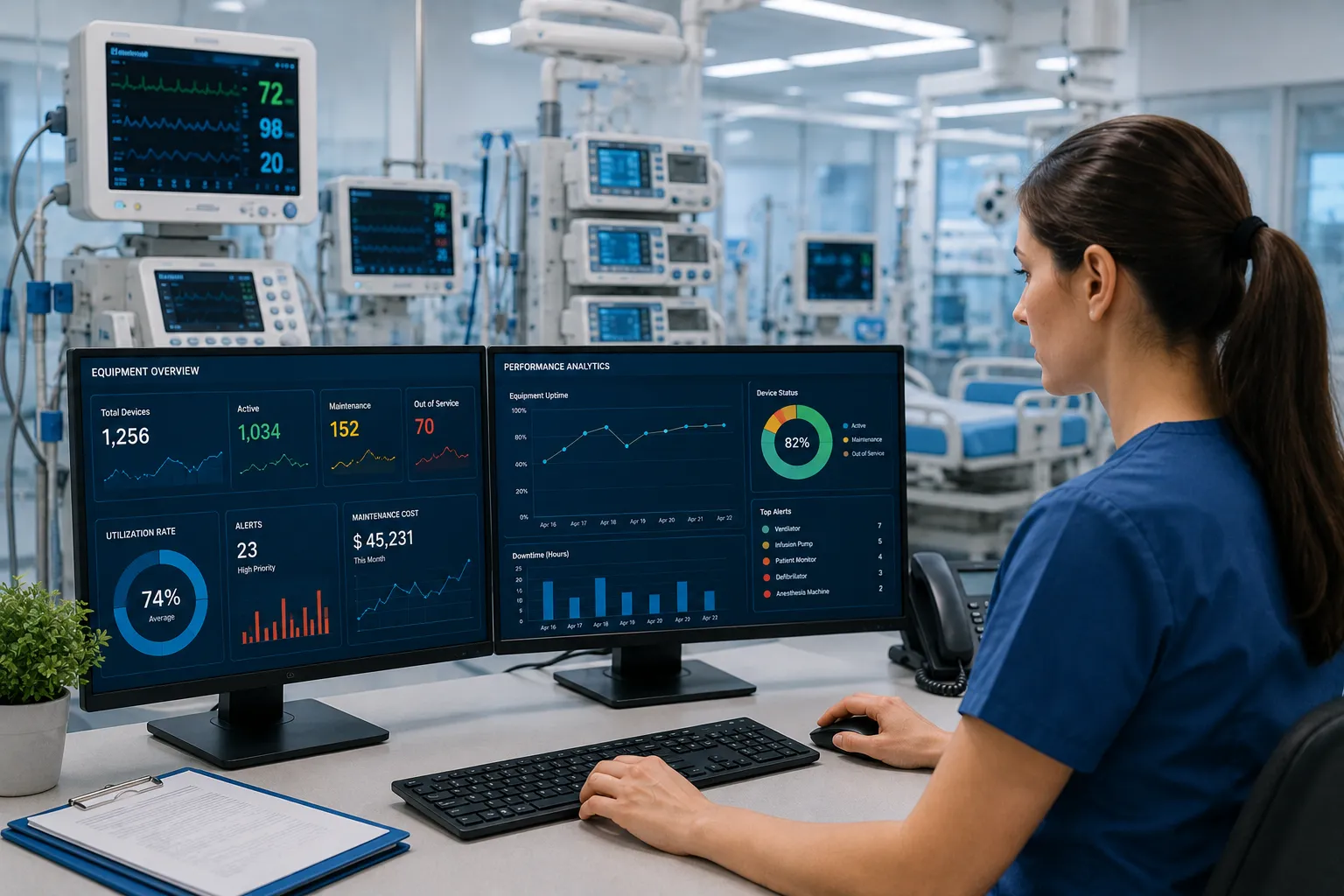 Healthcare operations team using data analytics to manage medical equipment with usage dashboards, m