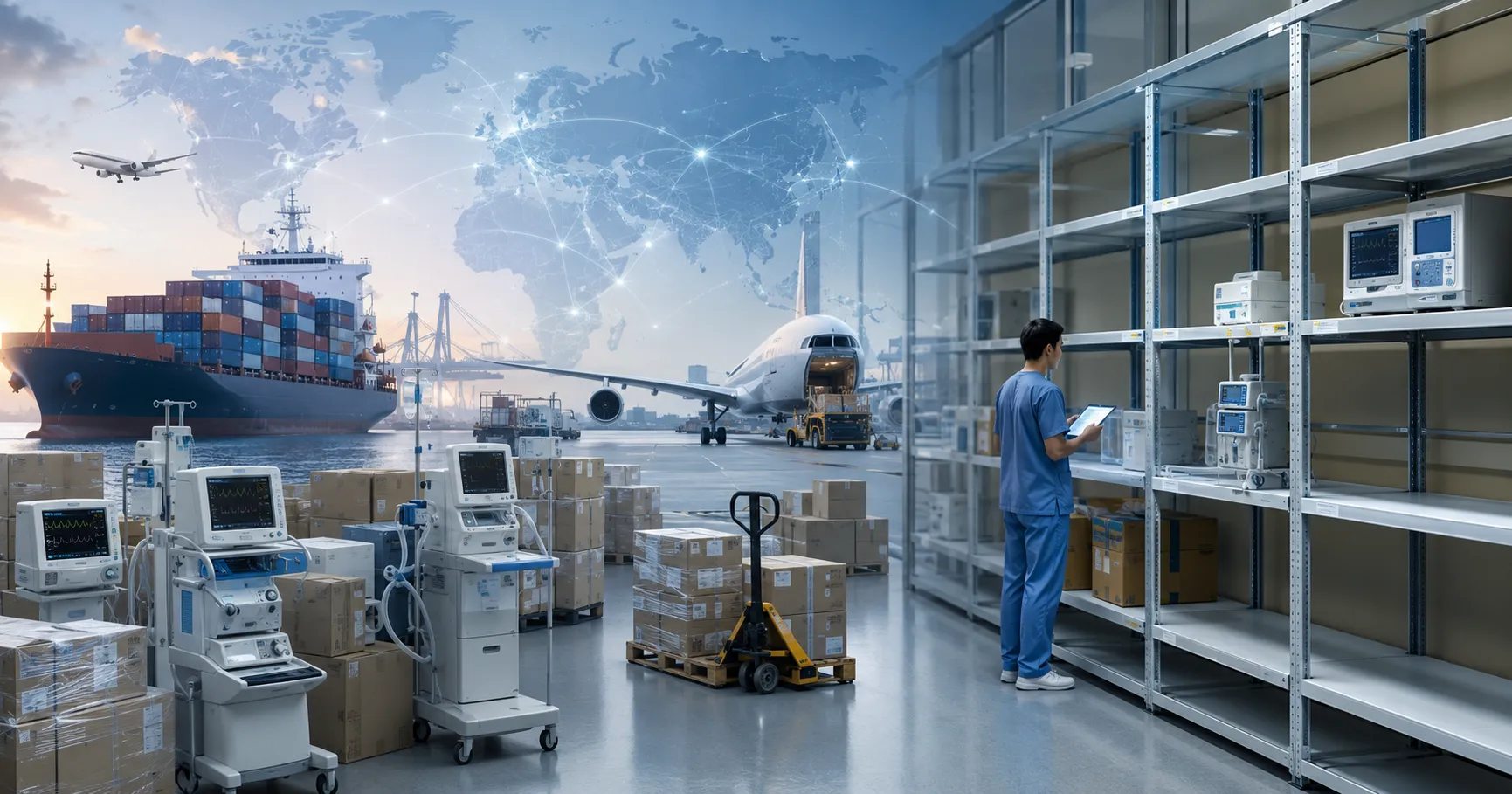 Global healthcare supply chain showing medical equipment manufacturing, shipping, warehouses, logist