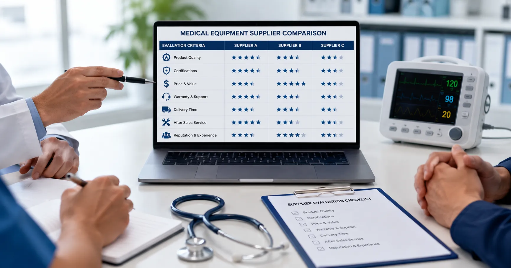 Healthcare team comparing medical equipment specifications and supplier quotations