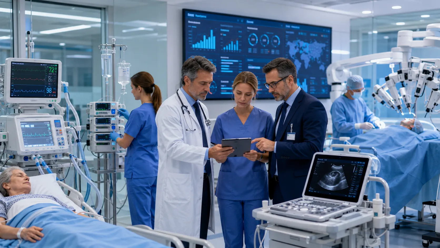 Smart hospital team using advanced medical equipment, connected patient monitors, digital systems, a