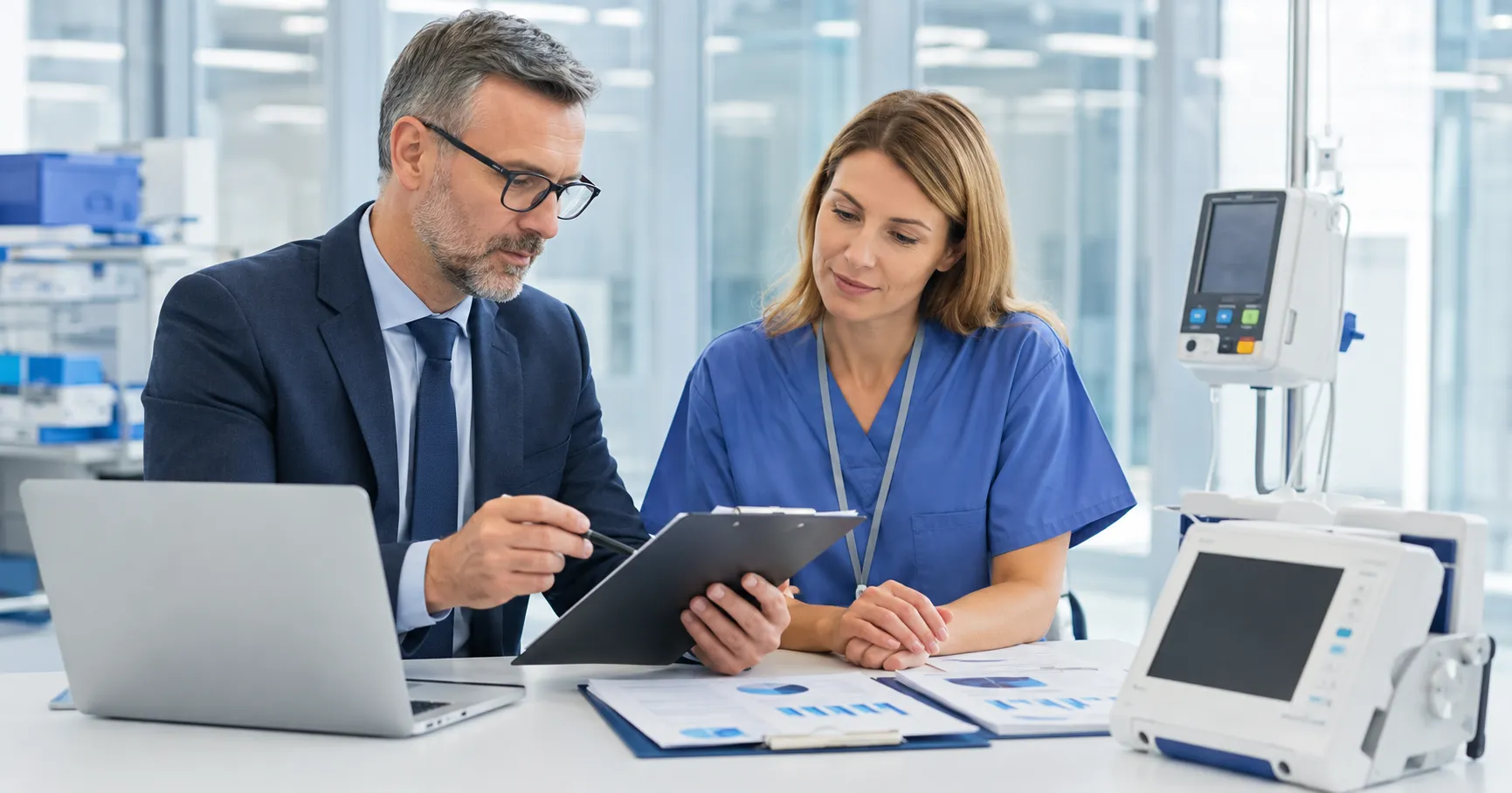 Healthcare procurement team reviewing a hospital equipment purchase request
