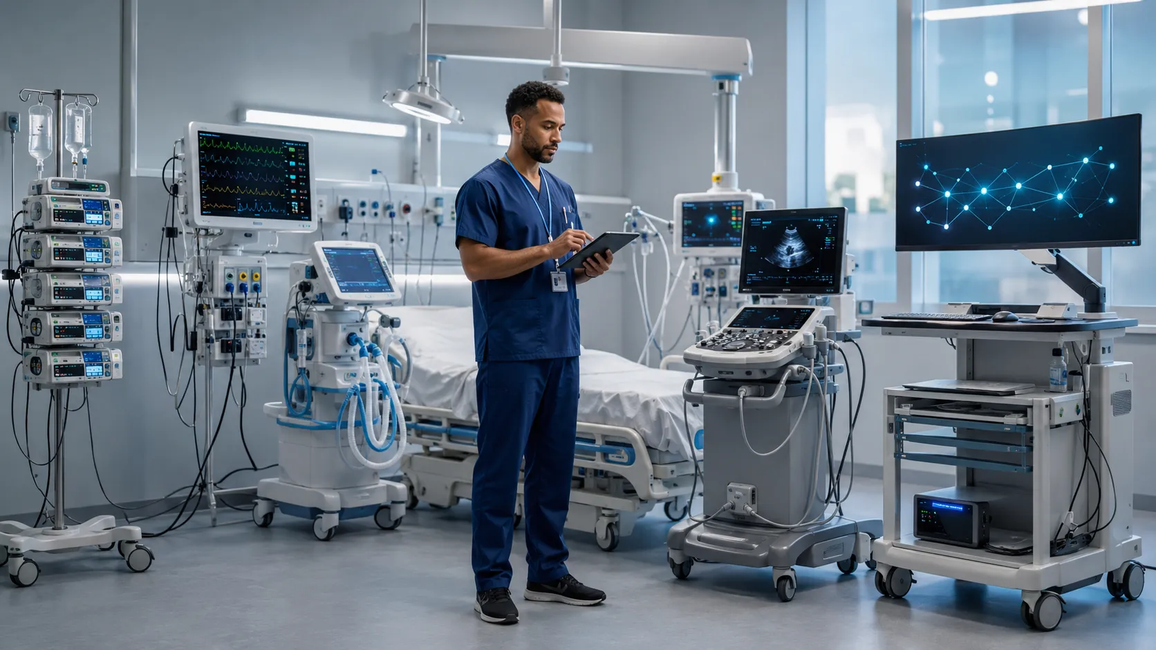 Hospital team assessing interoperability between connected medical equipment and clinical systems