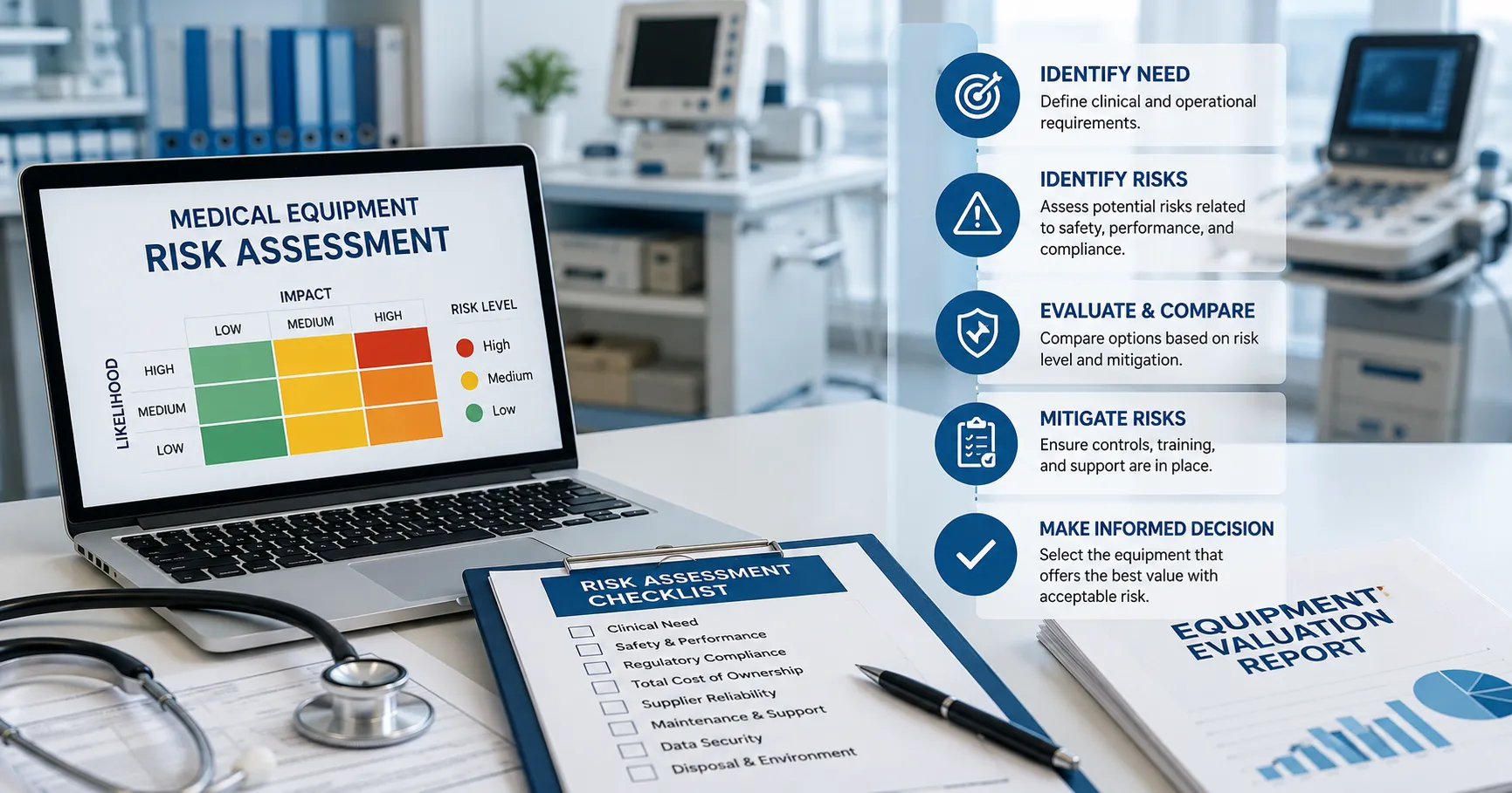 Healthcare procurement team assessing risks before purchasing medical equipment