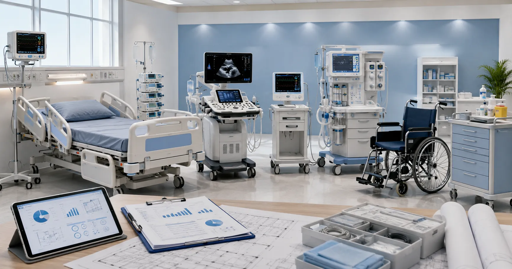 Healthcare project team planning medical equipment packages for a new hospital
