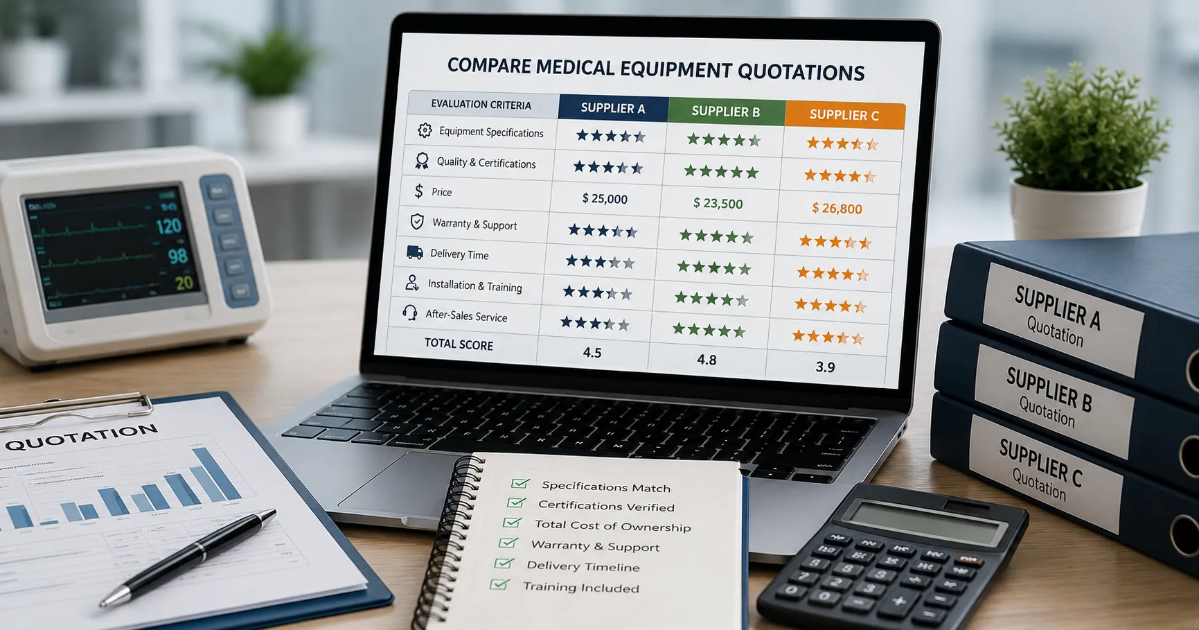 Healthcare team comparing medical equipment quotations and technical specifications
