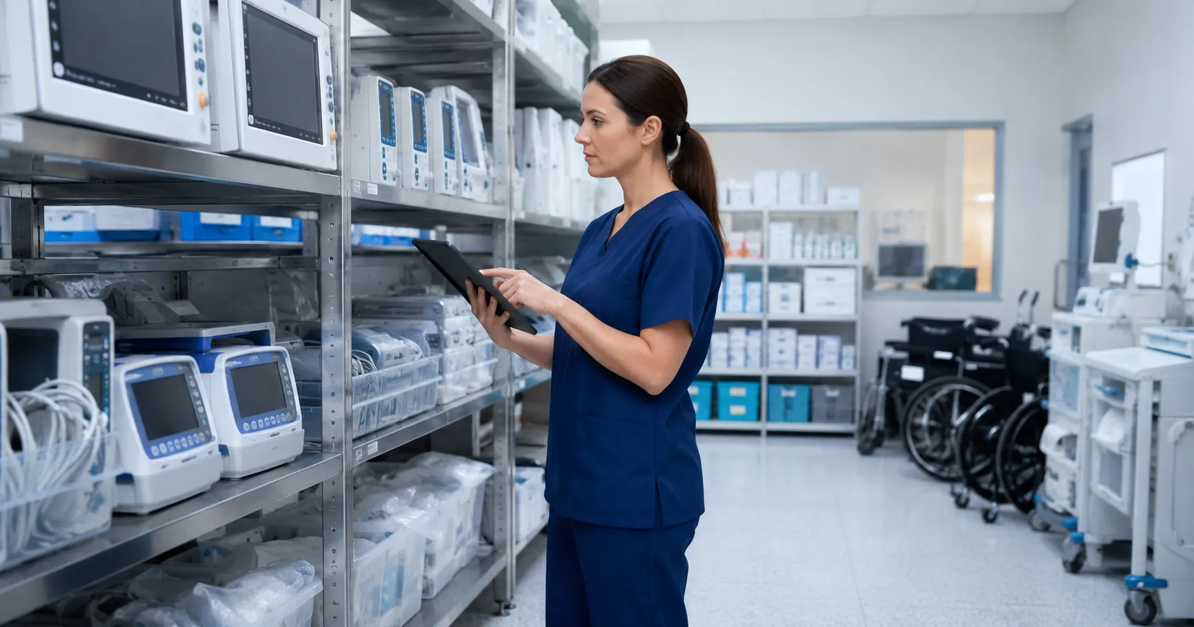 Healthcare managers reviewing hospital medical equipment inventory records