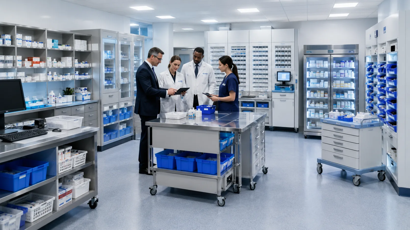 Hospital team reviewing equipment requirements for a pharmacy department