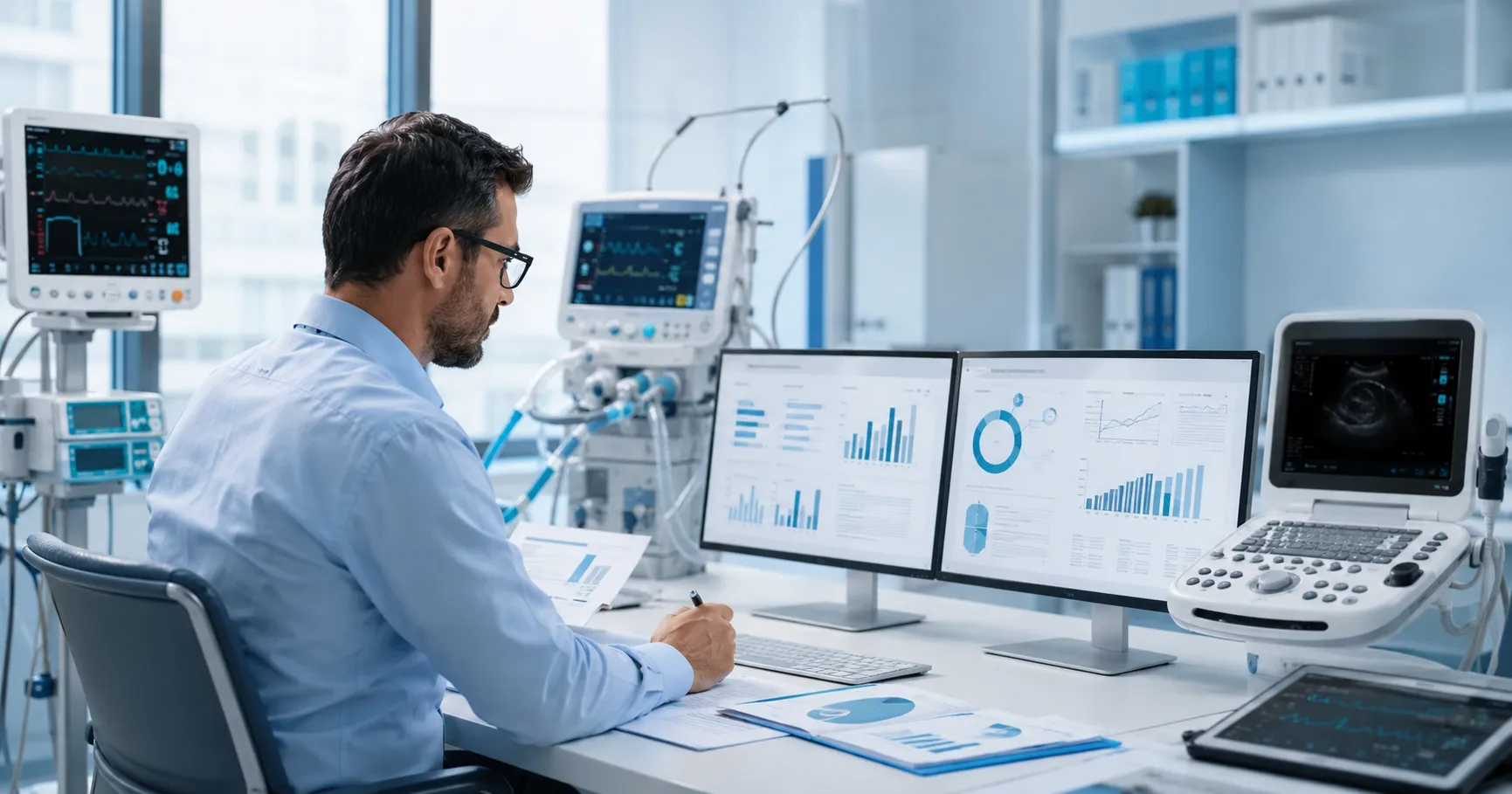 Healthcare planning team forecasting hospital medical equipment requirements