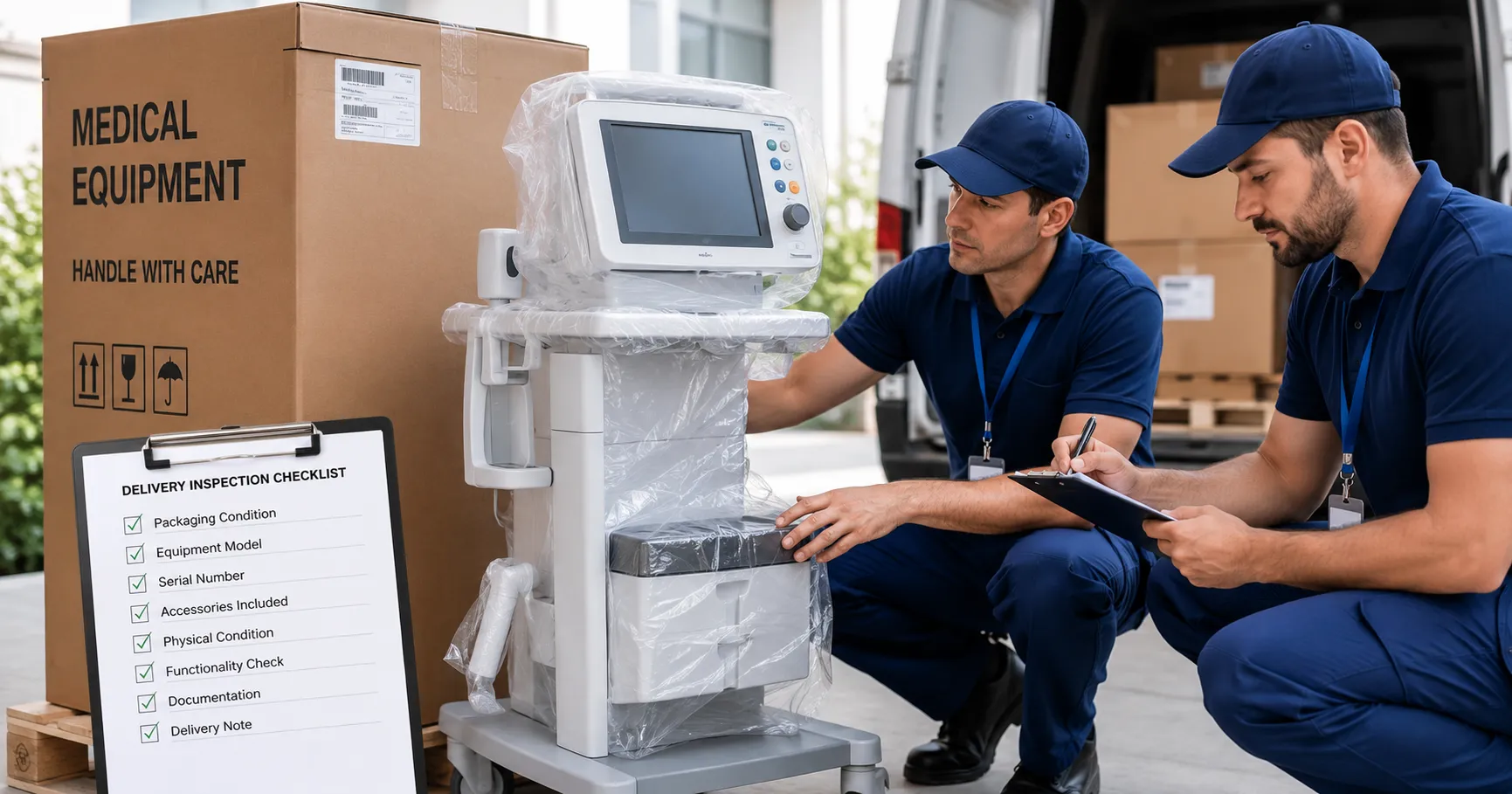 Healthcare team inspecting delivered medical equipment and shipping documents