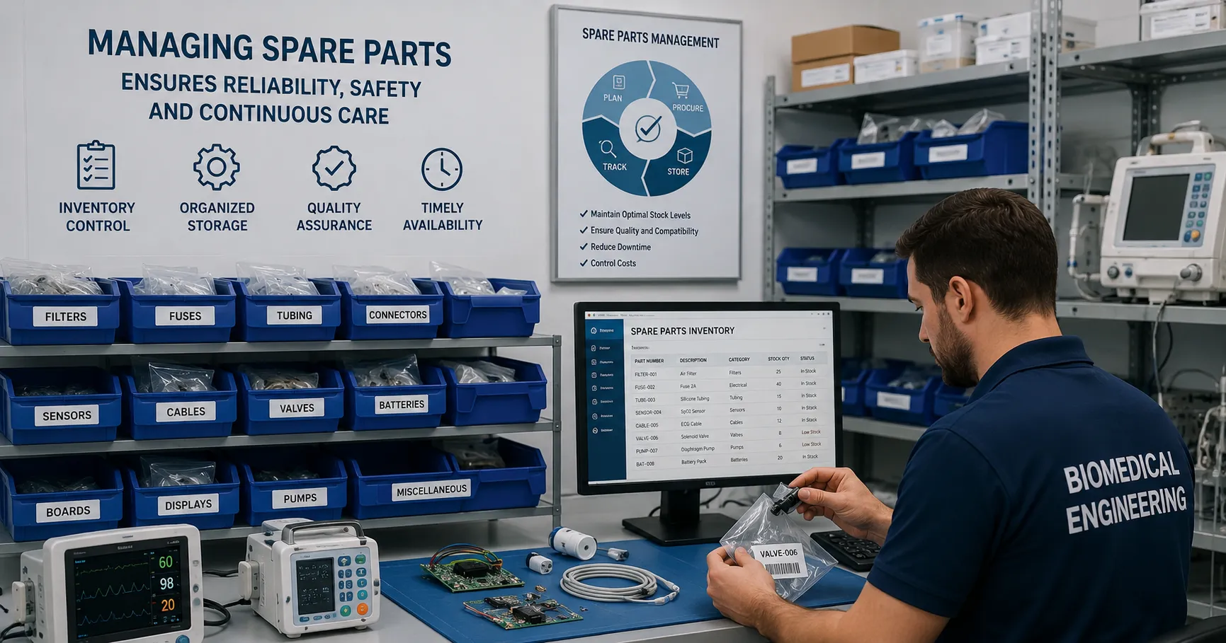 Biomedical engineering team managing medical equipment spare-parts inventory