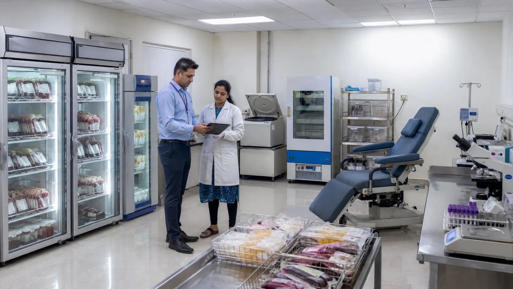 Hospital team reviewing equipment requirements for a blood bank