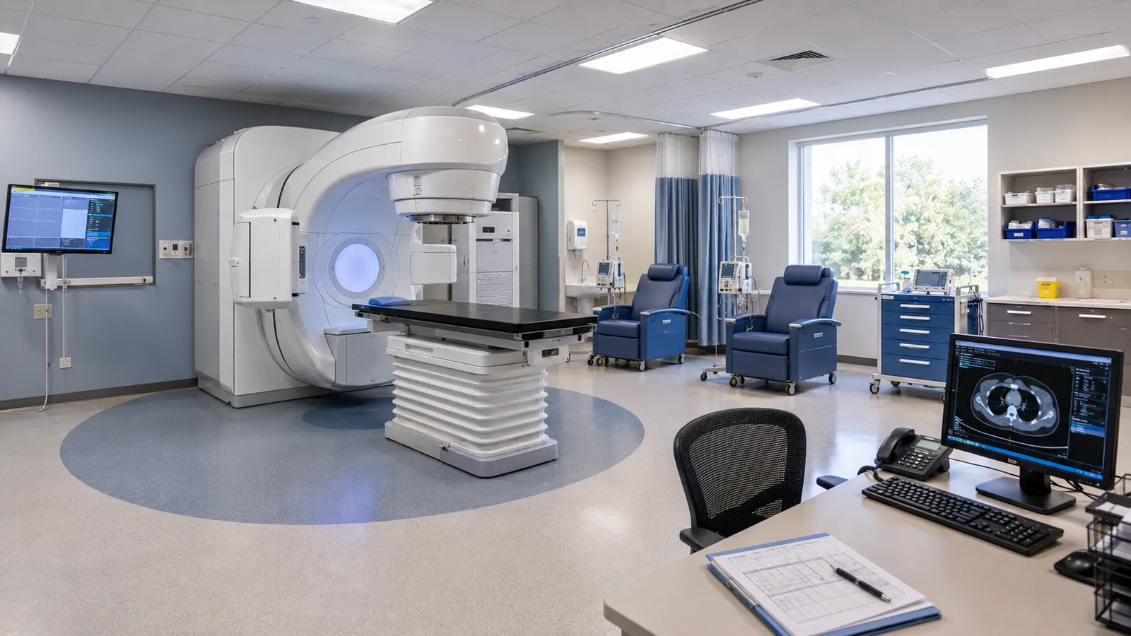 Hospital team reviewing equipment plans for an oncology department