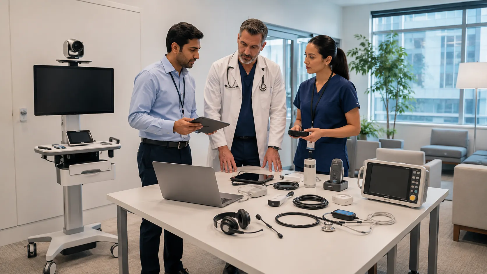 Hospital team reviewing equipment and connectivity plans for telemedicine services
