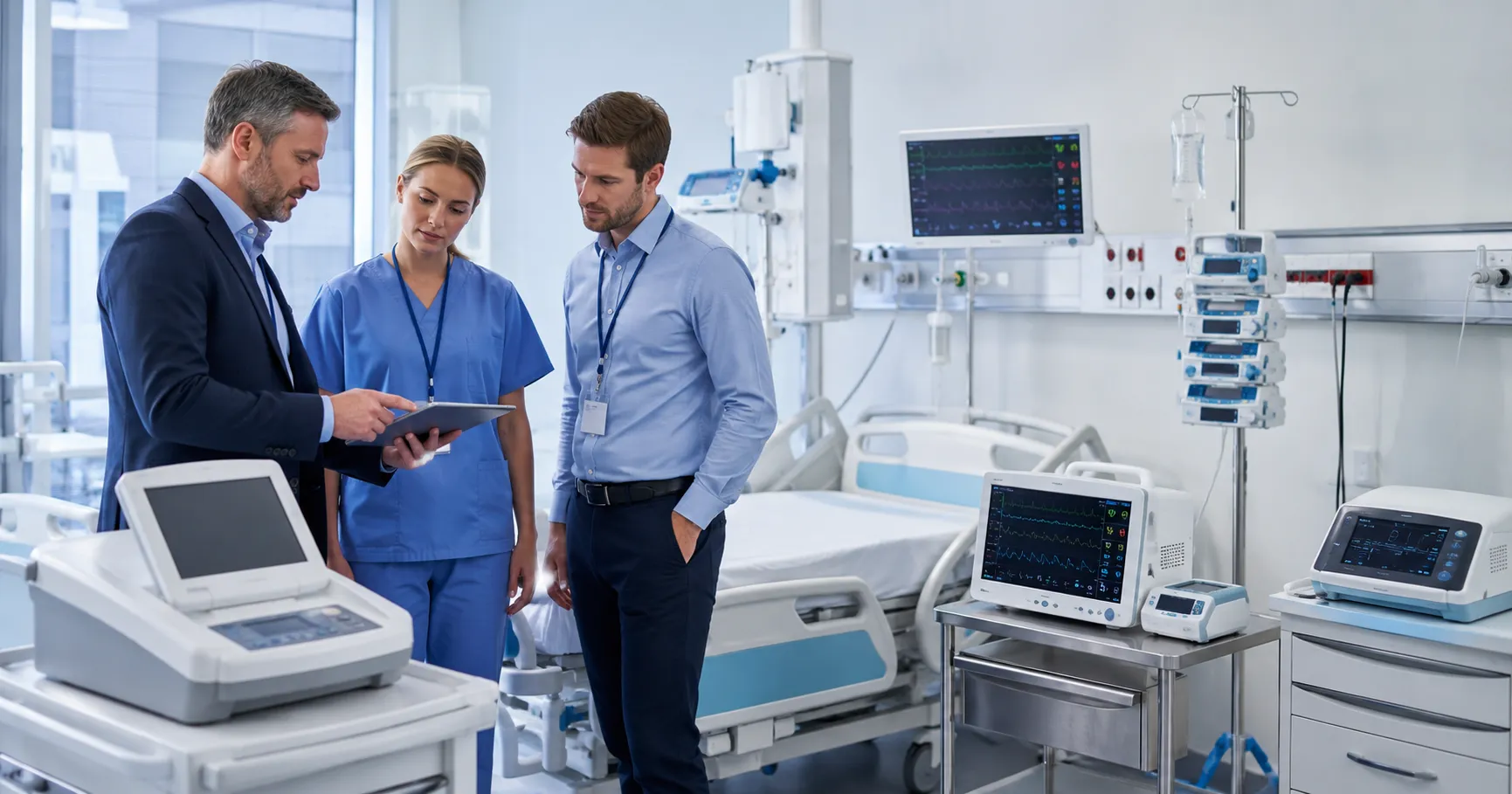 Healthcare team reviewing hospital equipment replacement priorities and asset records