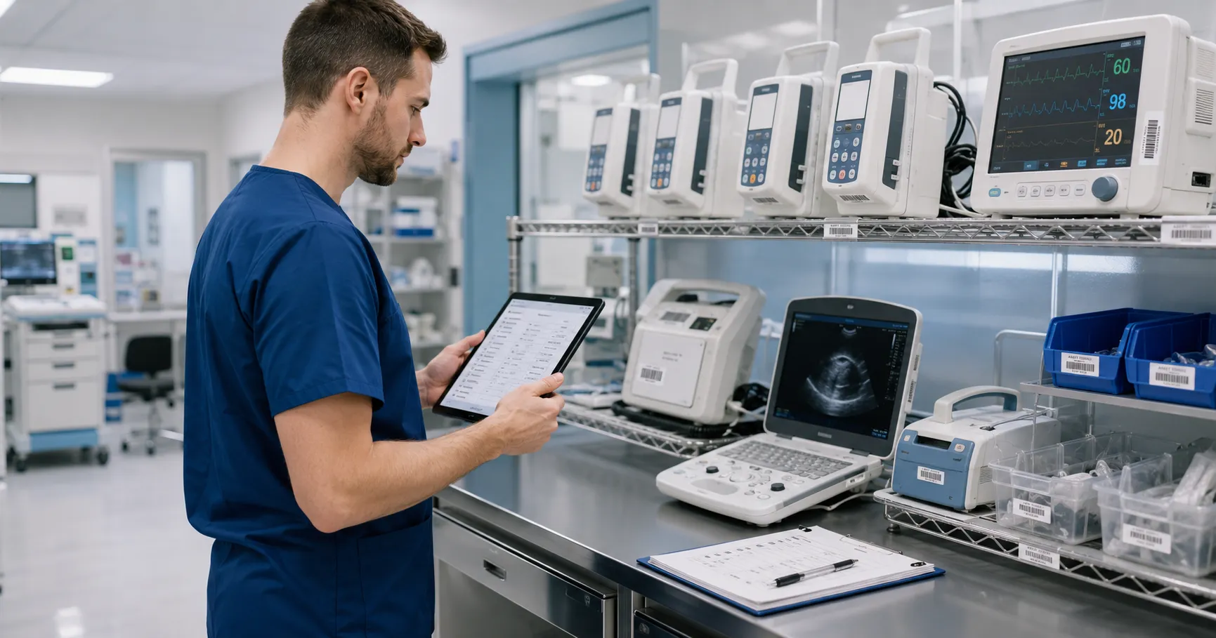 Hospital team reviewing medical equipment records and audit documents