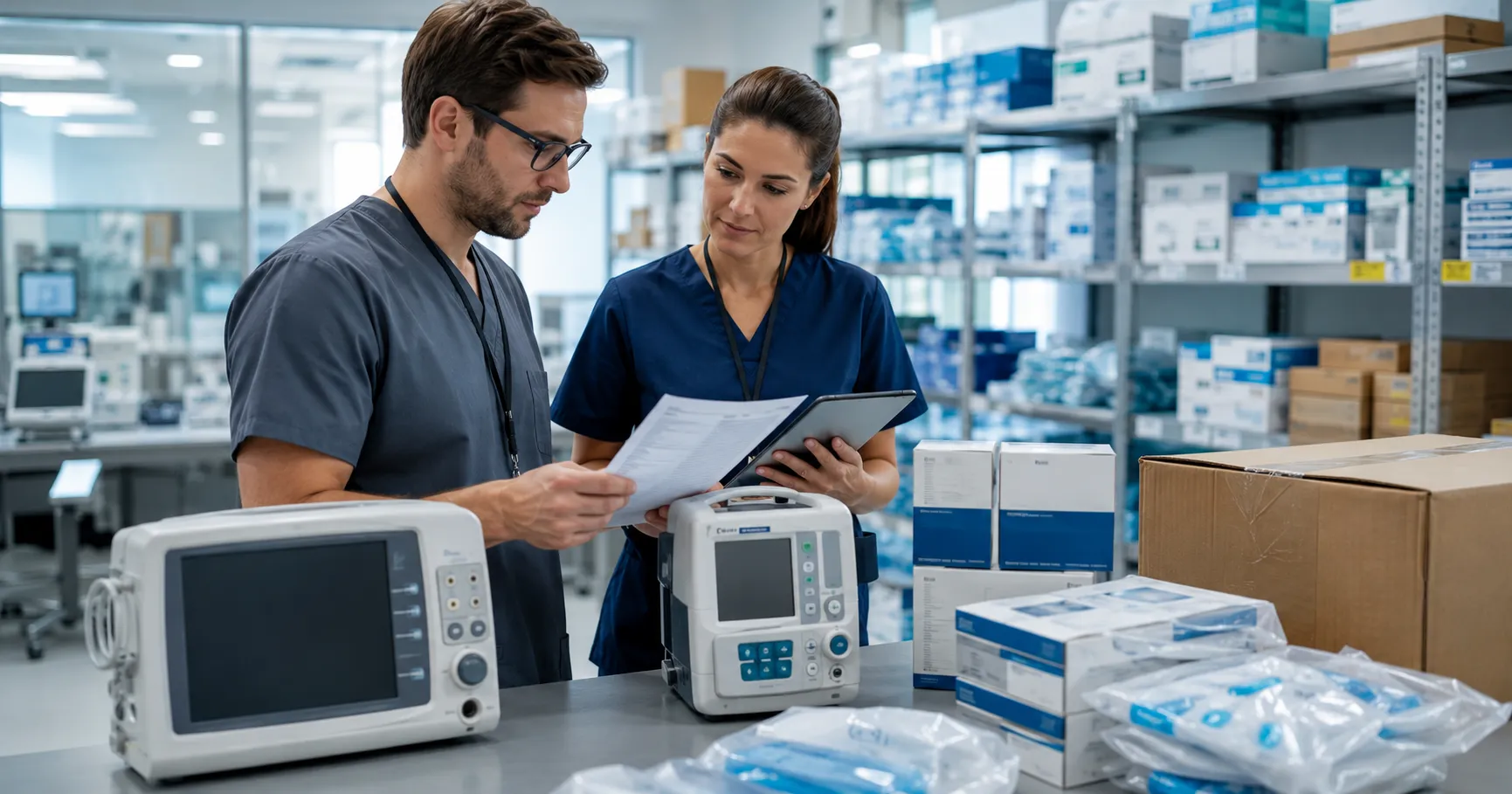 Healthcare procurement team checking medical equipment specifications and supplier quotations