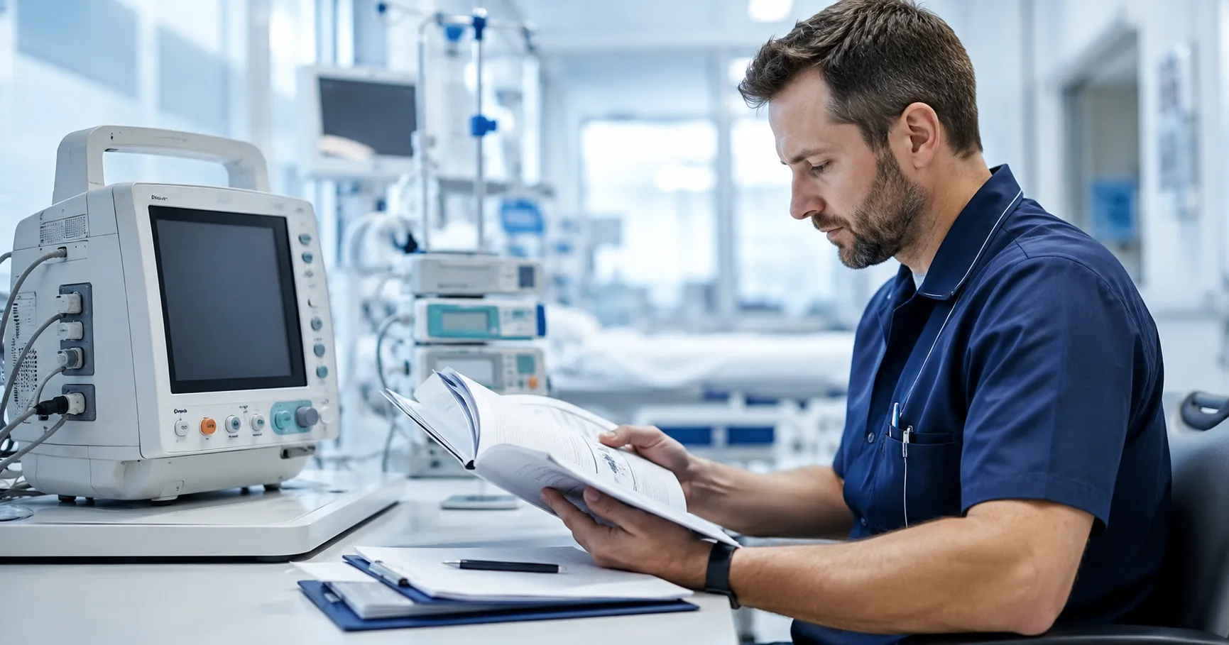 Hospital team reviewing a medical equipment user manual and device records