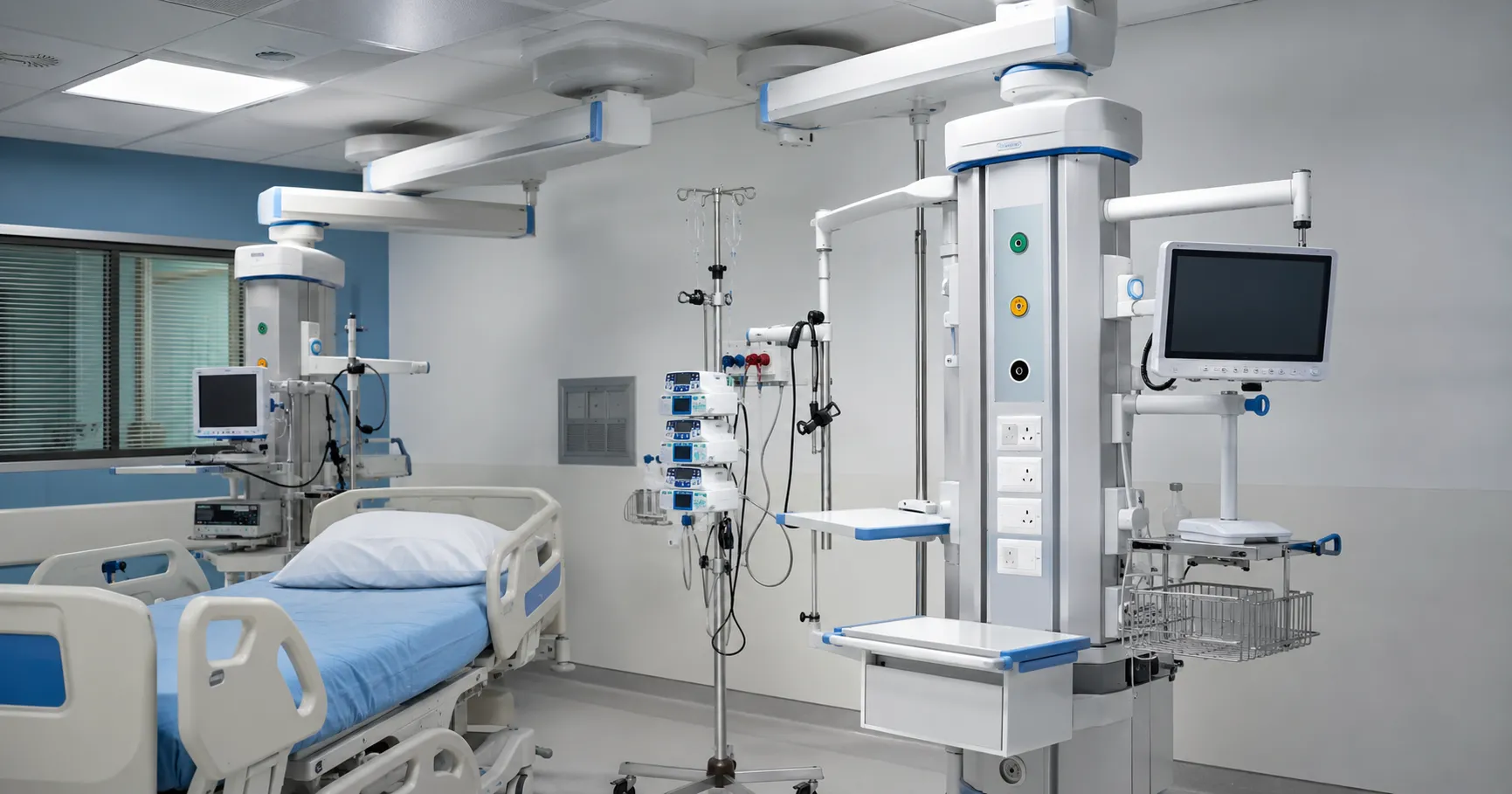 ICU ceiling supply unit mounted above a hospital bed providing organized access to medical gases, el